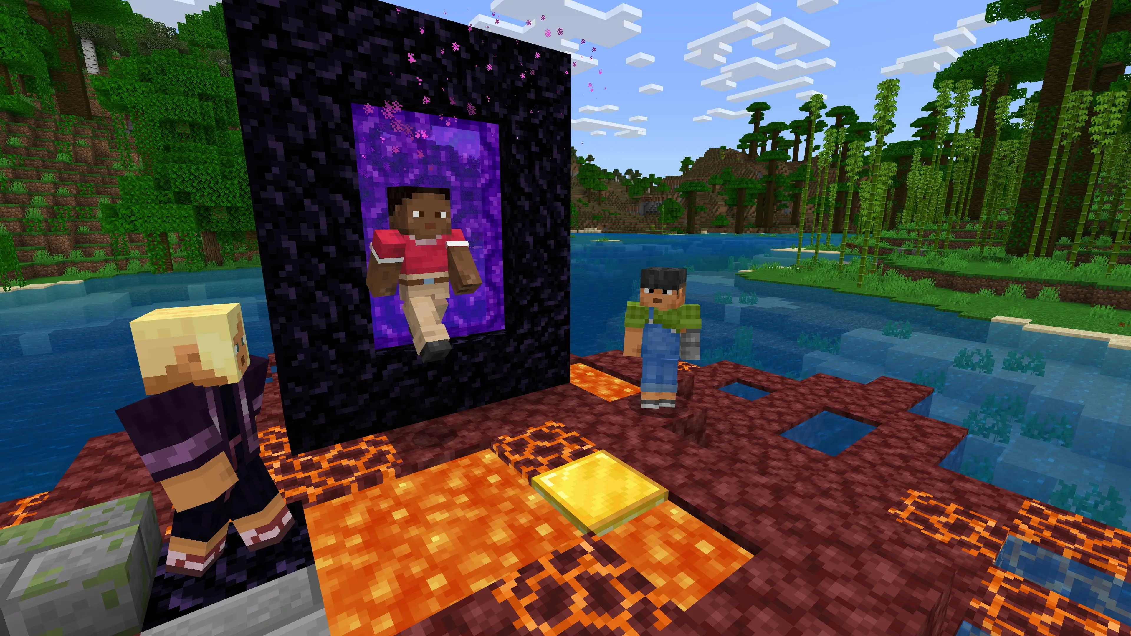 Three Minecraft characters step out of a purple Nether portal beside a bright jungle lake.