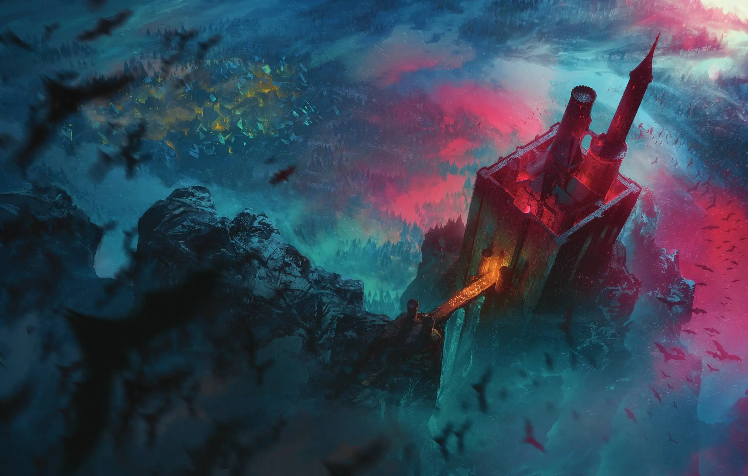 A dark castle rises through blue and crimson mist in official Ravenloft tabletop artwork.