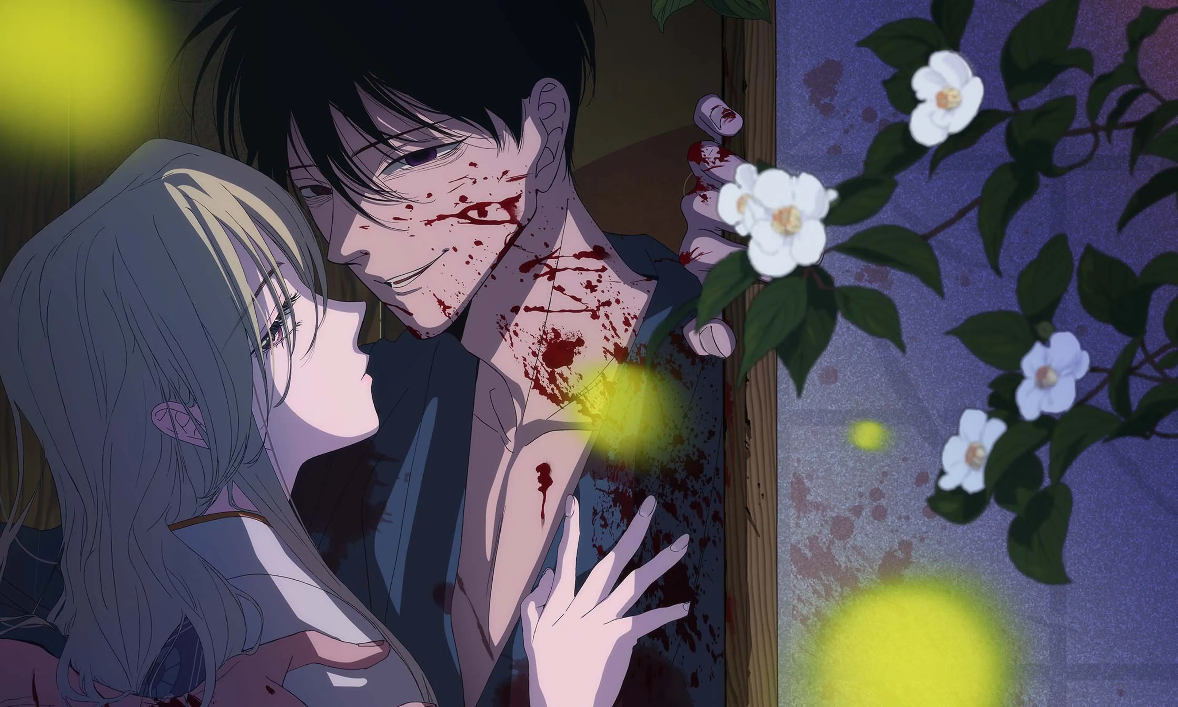 Satoko faces a blood-spattered Shinpei in official Firefly Wedding anime art.