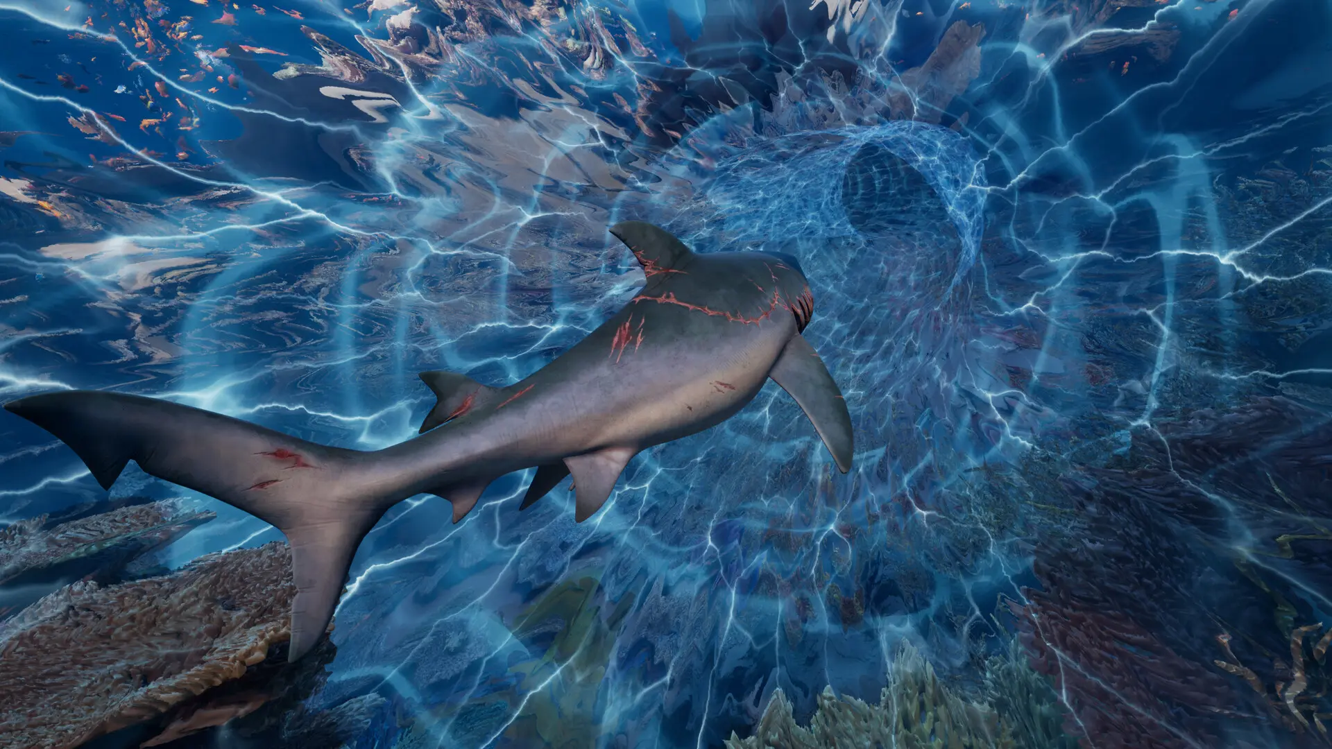 The scarred bull shark swims toward a glowing underwater disturbance in Maneater 2.