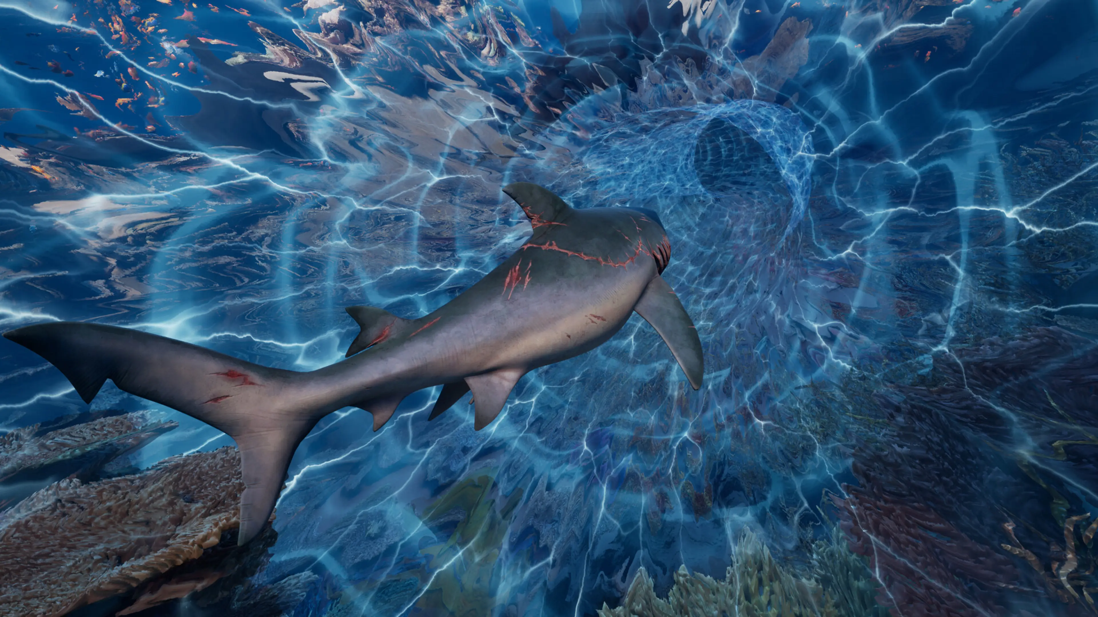 The scarred bull shark swims toward a glowing underwater disturbance in Maneater 2.