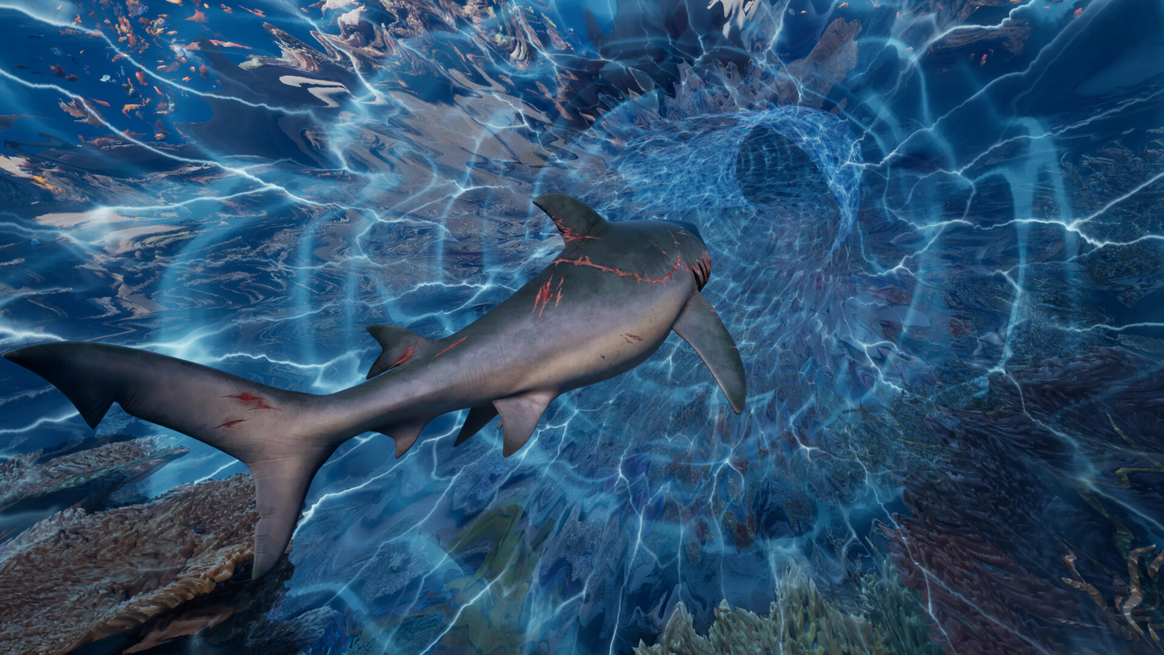 The scarred bull shark swims toward a glowing underwater disturbance in Maneater 2.