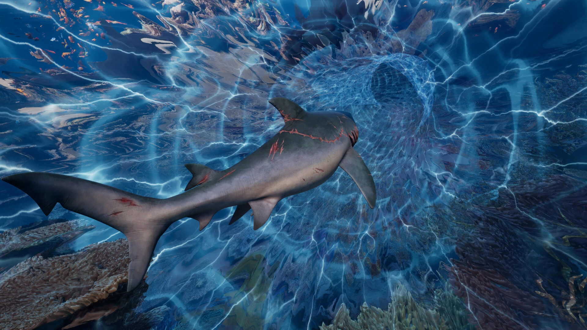 The scarred bull shark swims toward a glowing underwater disturbance in Maneater 2.