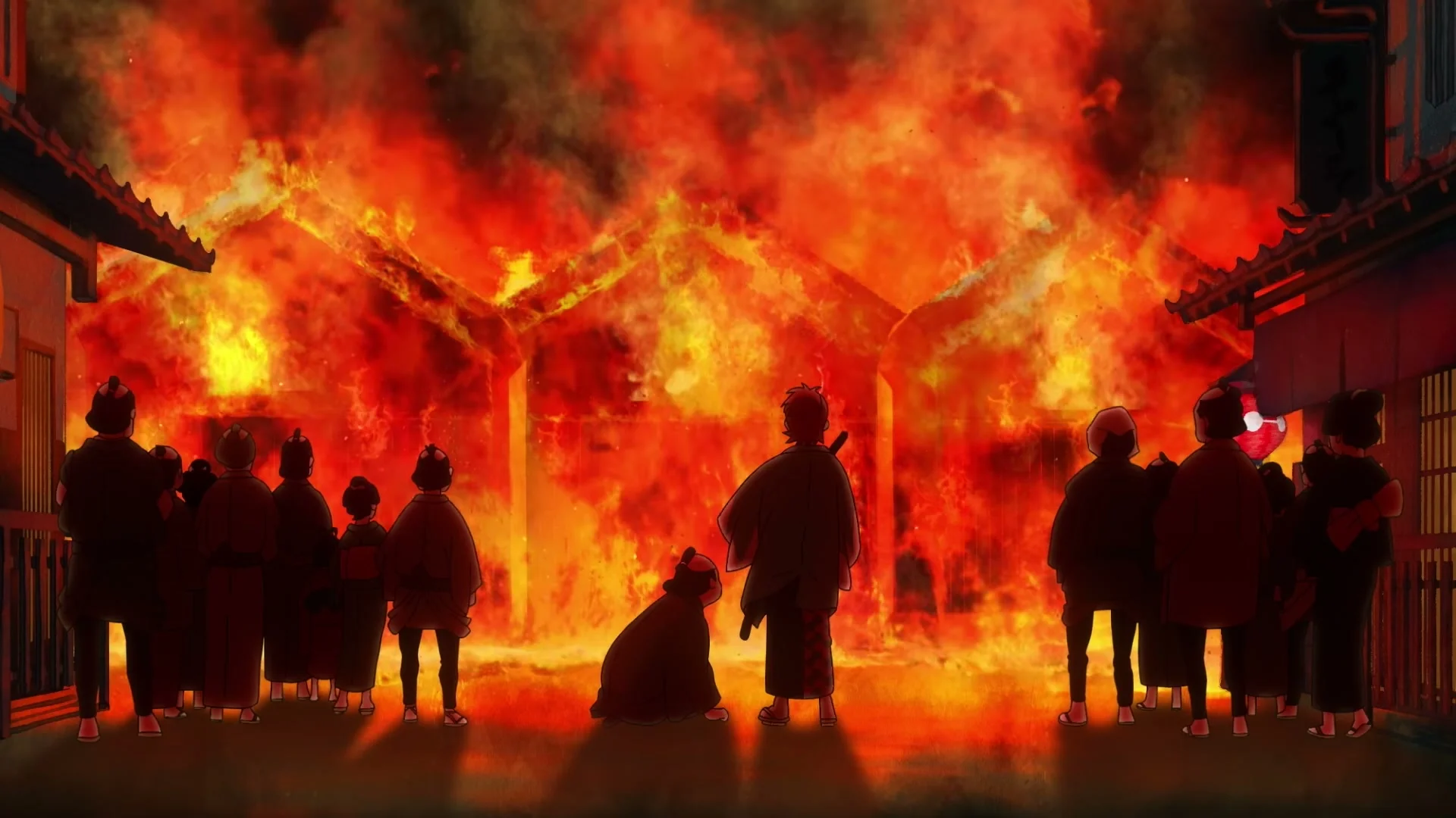 A building burns as Mibu Roshigumi members watch in Inherit the Winds.