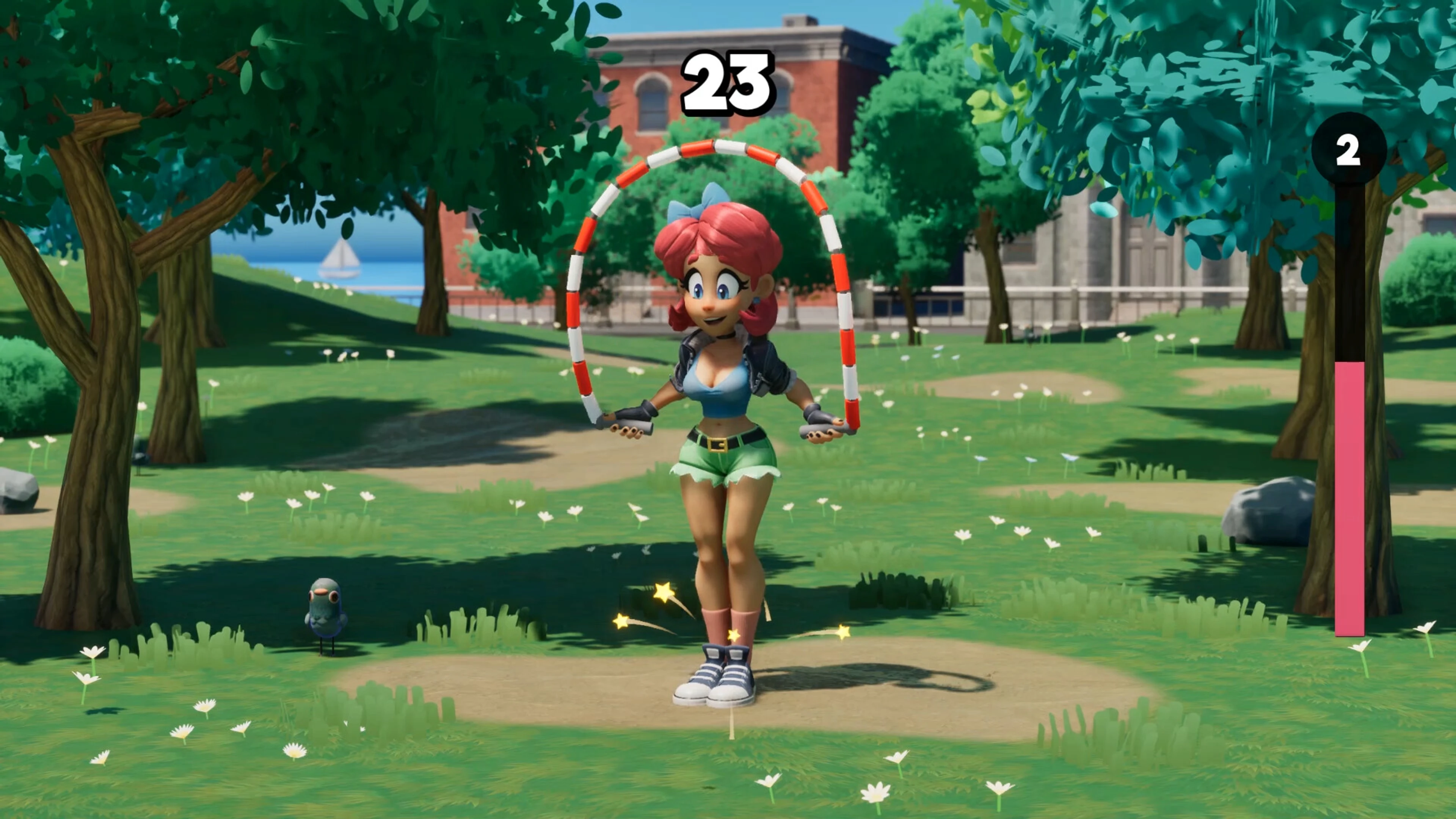 Scarlet skipping rope in a park.