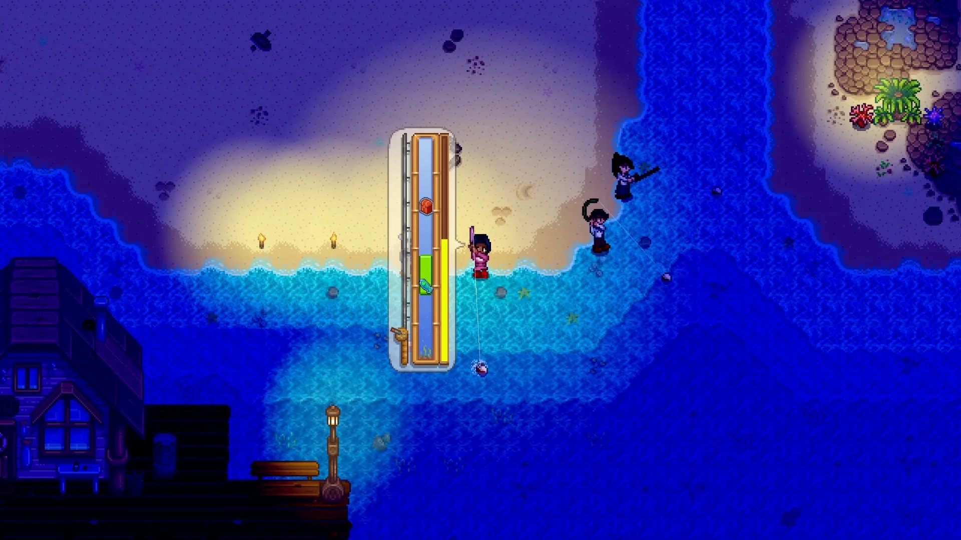 Stardew Valley fishing minigame with a fish inside the green bar, a treasure icon above it and the catch-progress meter on the right.