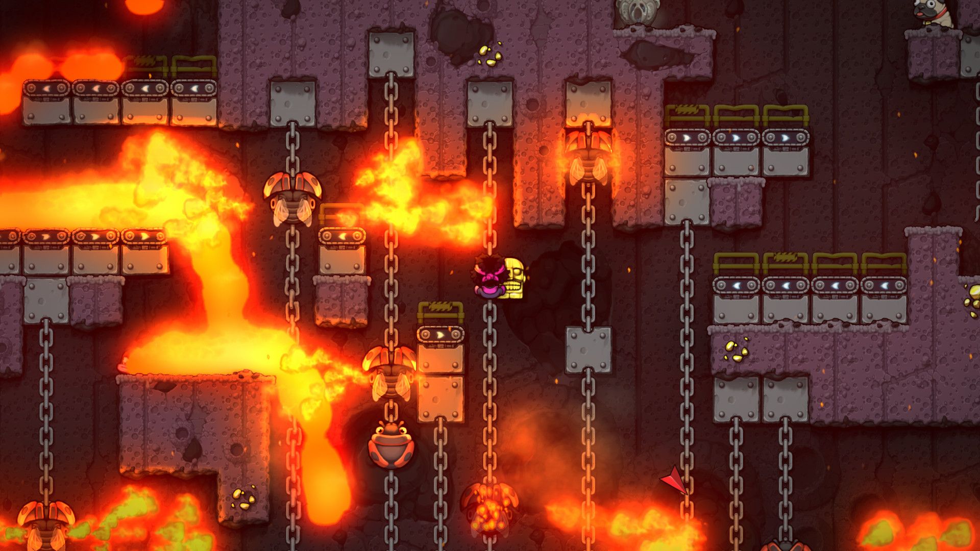 An explorer crosses a cave near orange lava and dangerous terrain.