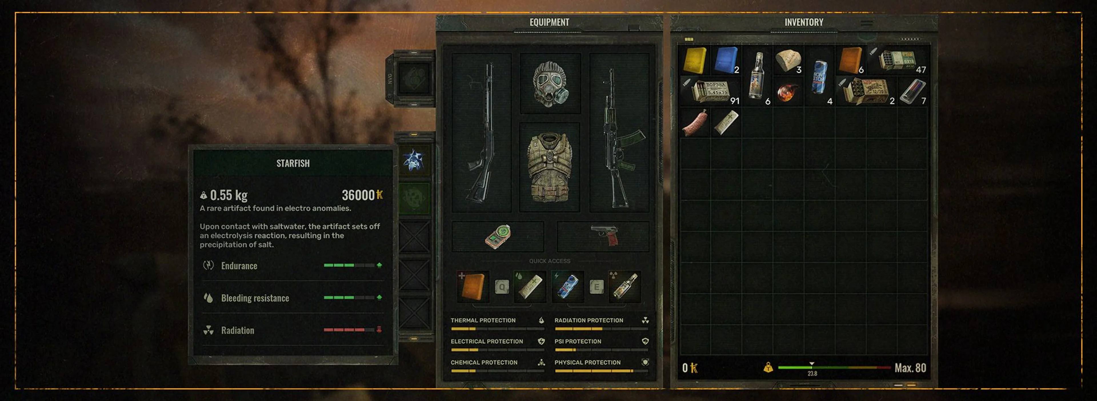 S.T.A.L.K.E.R. 2 inventory screen showing a Starfish artifact, its effects, and the artifact radiation balance.