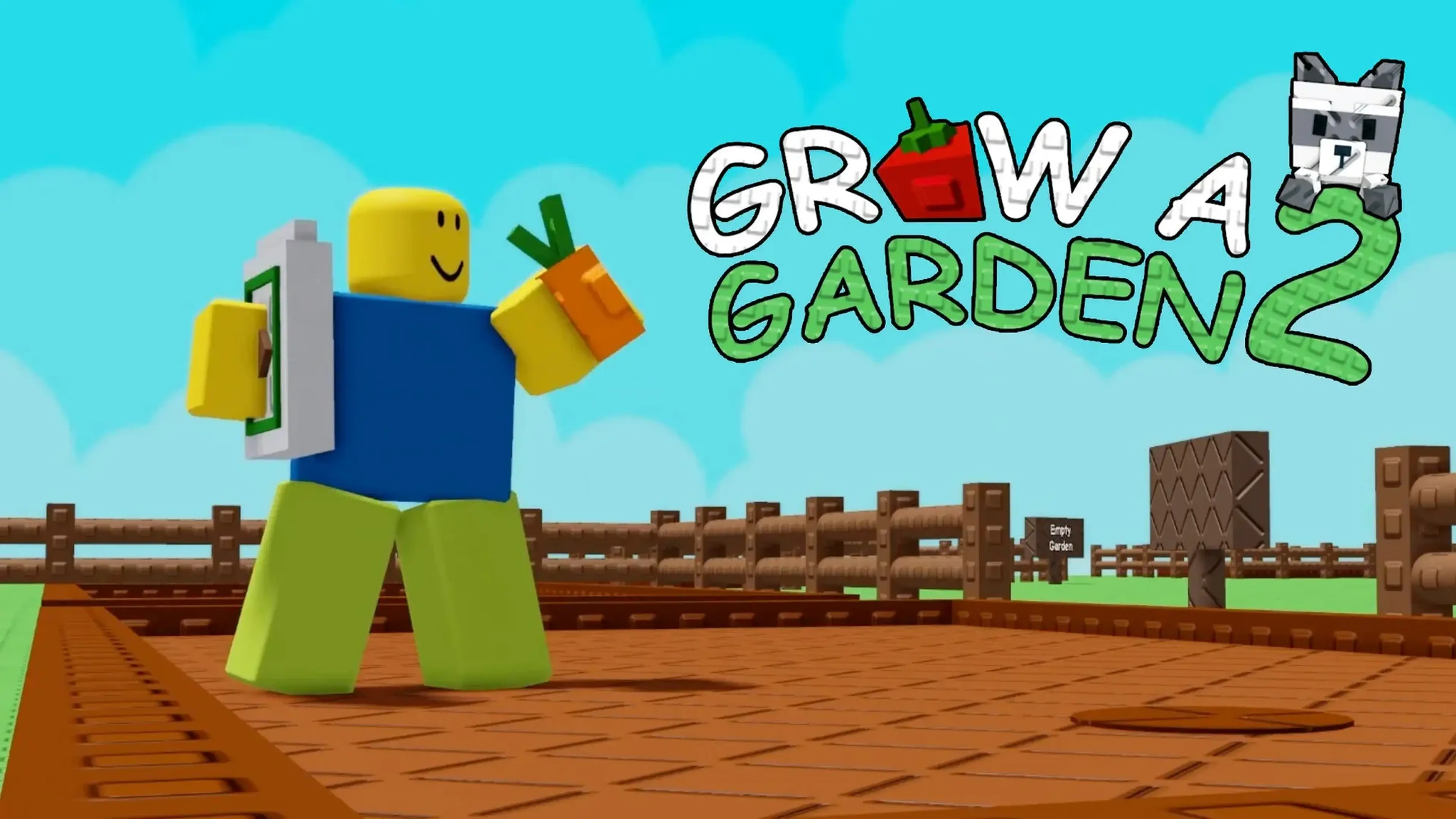 A new Grow a Garden 2 player holding a Carrot and watering can beside an empty starter plot.