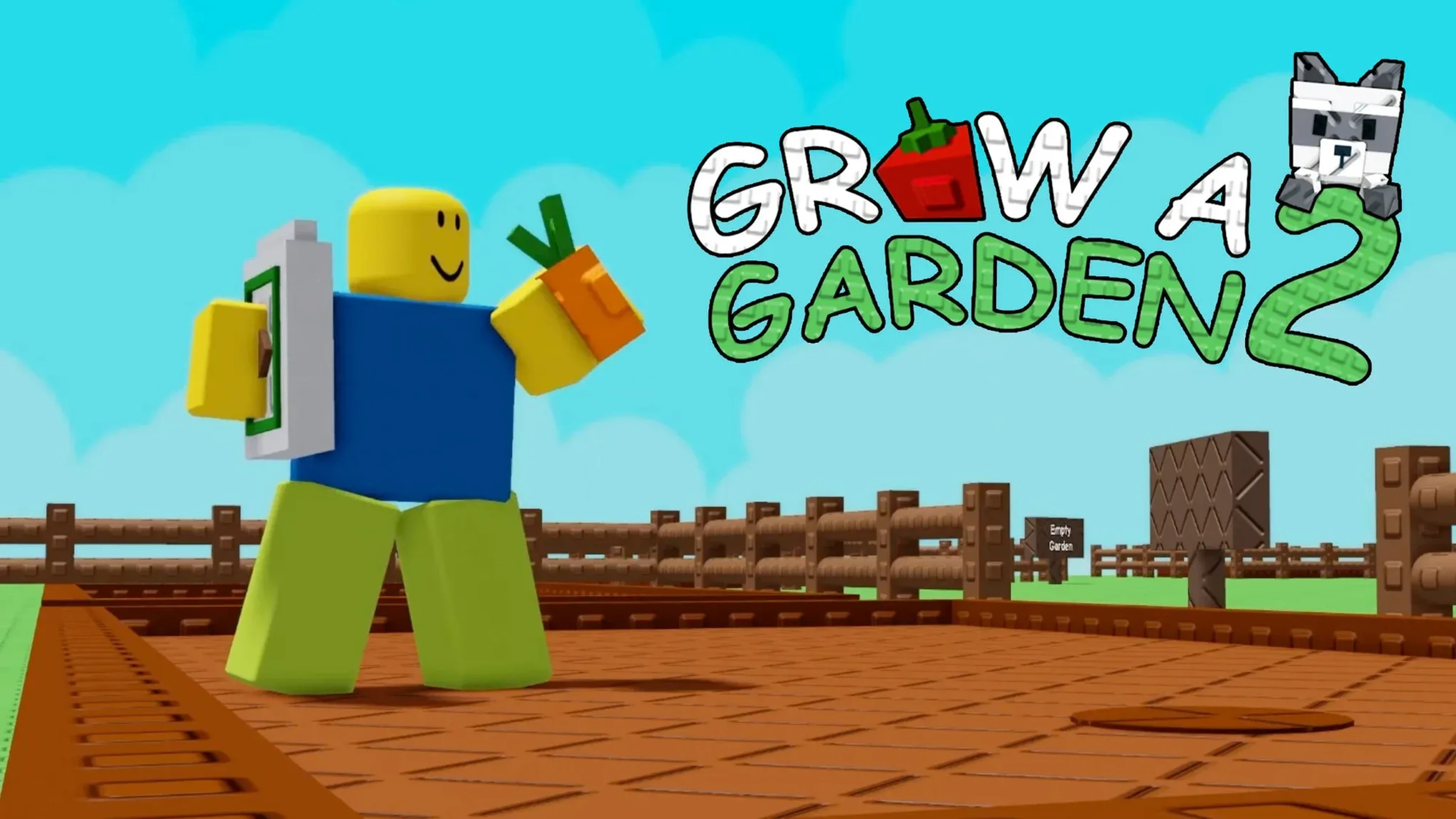 A new Grow a Garden 2 player holding a Carrot and watering can beside an empty starter plot.