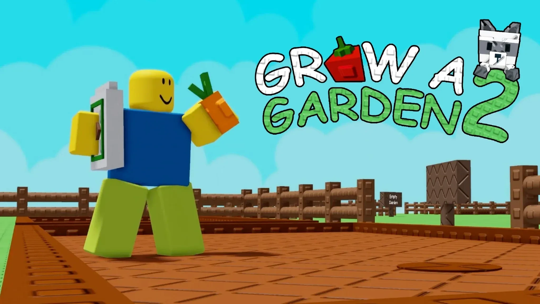 A new Grow a Garden 2 player holding a Carrot and watering can beside an empty starter plot.