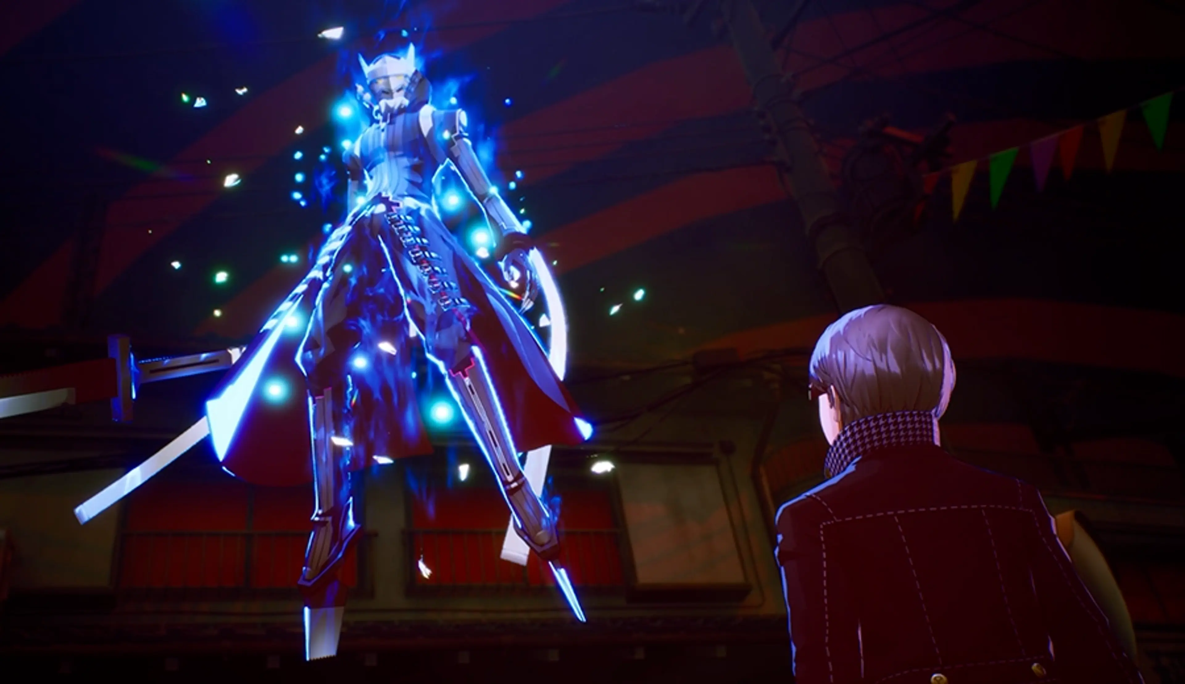 Yu Narukami faces a glowing armored Shadow during a Persona 4 Revival battle.