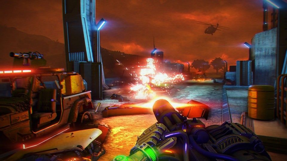 First-person view of Rex firing toward a bright outdoor facility.