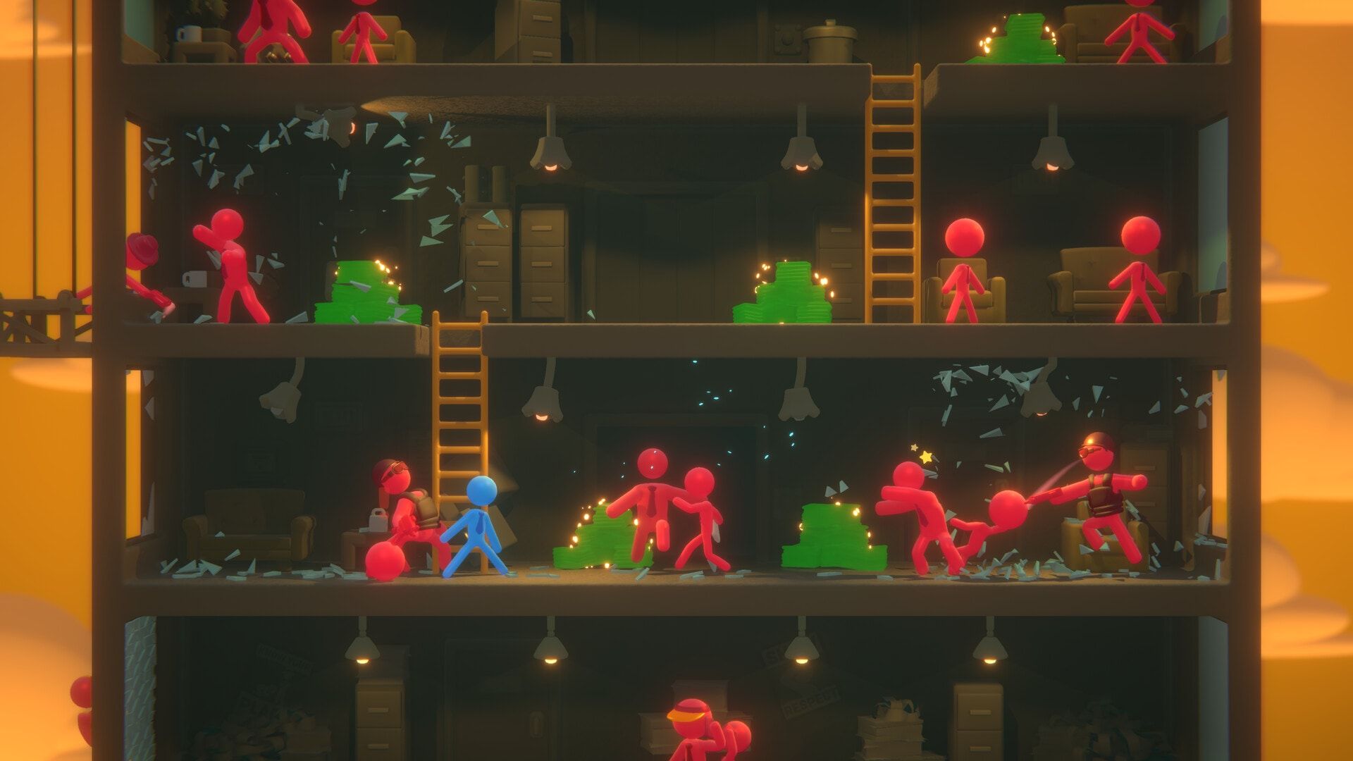 Colored stick figures fight through several office floors in Stick It to the Stickman.