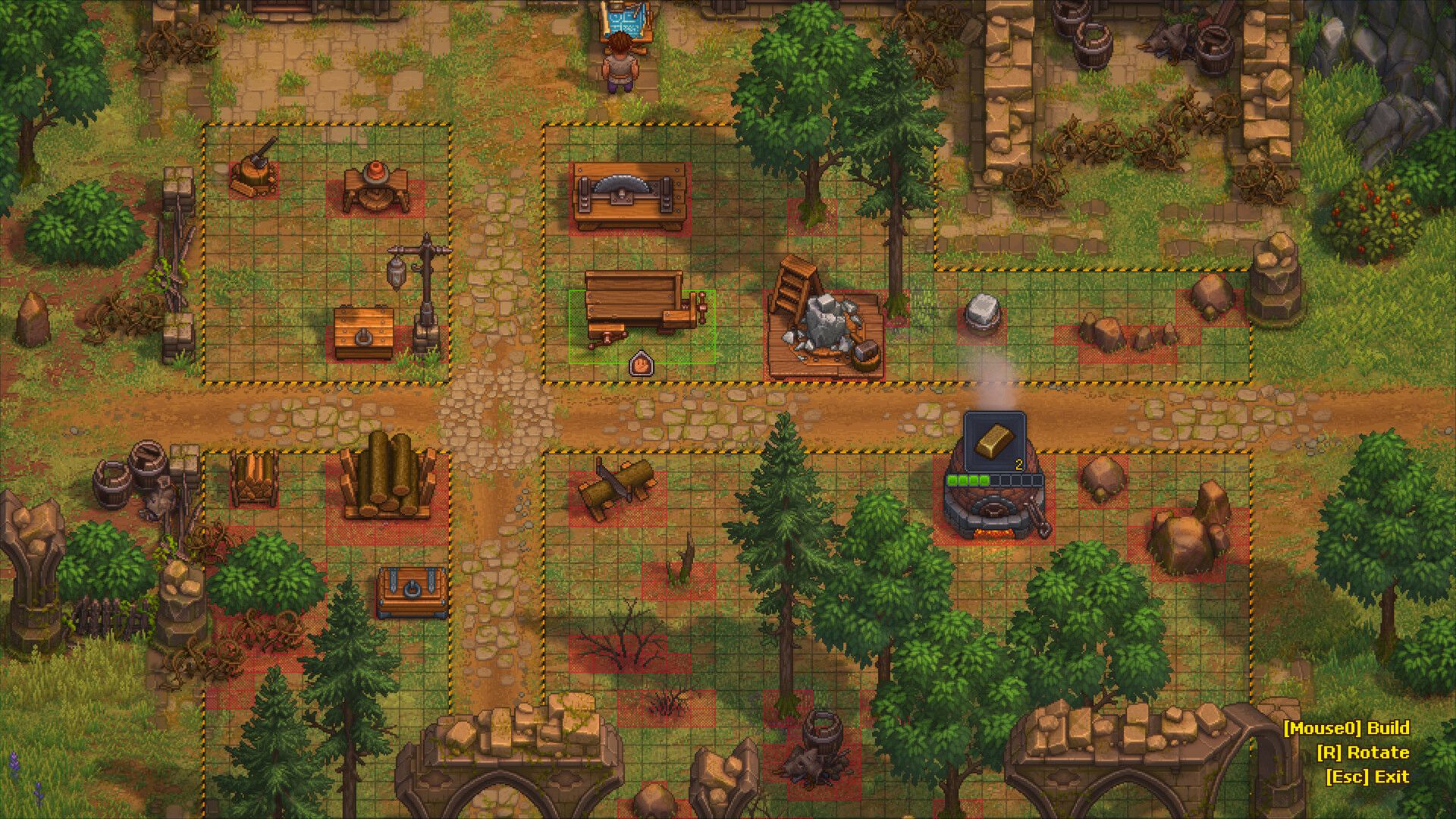 Building plots and workshops laid out in Graveyard Keeper 2.