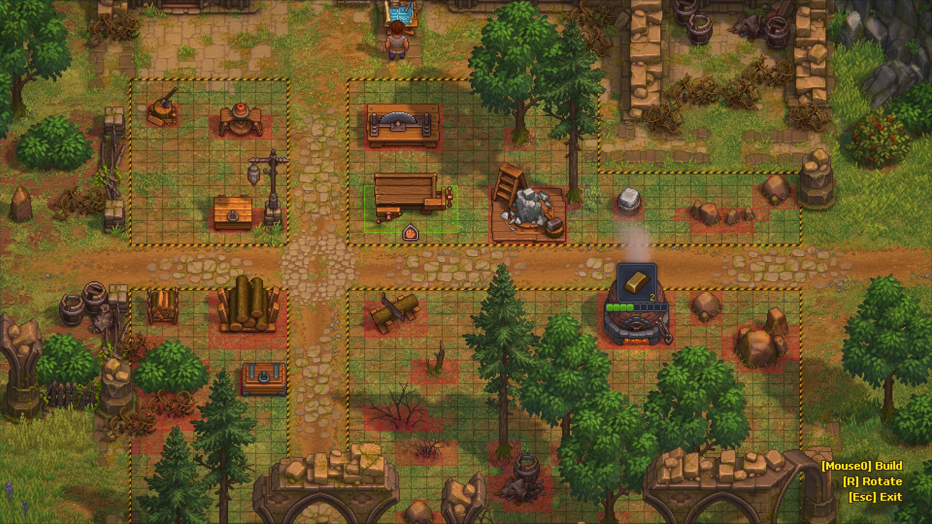 Building plots and workshops laid out in Graveyard Keeper 2.