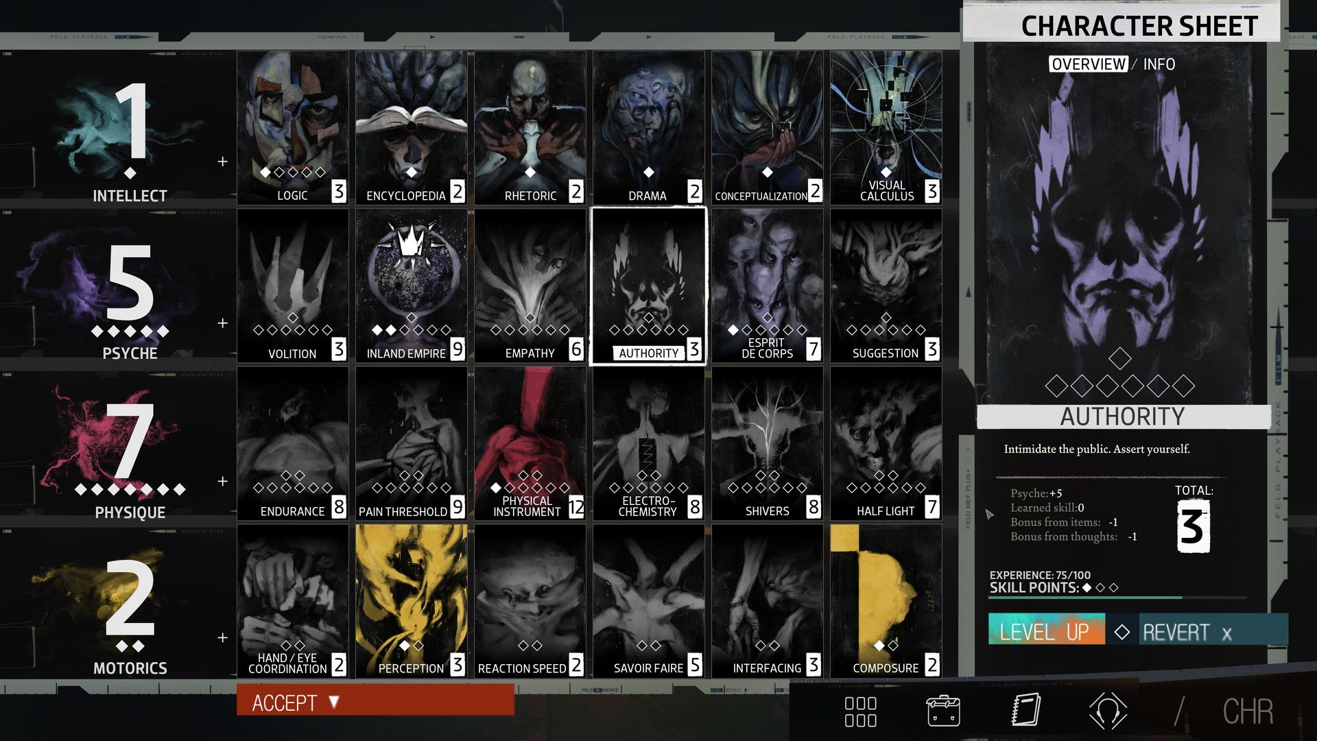 The Character Sheet shows four attributes and 24 skill portraits, with Authority selected.