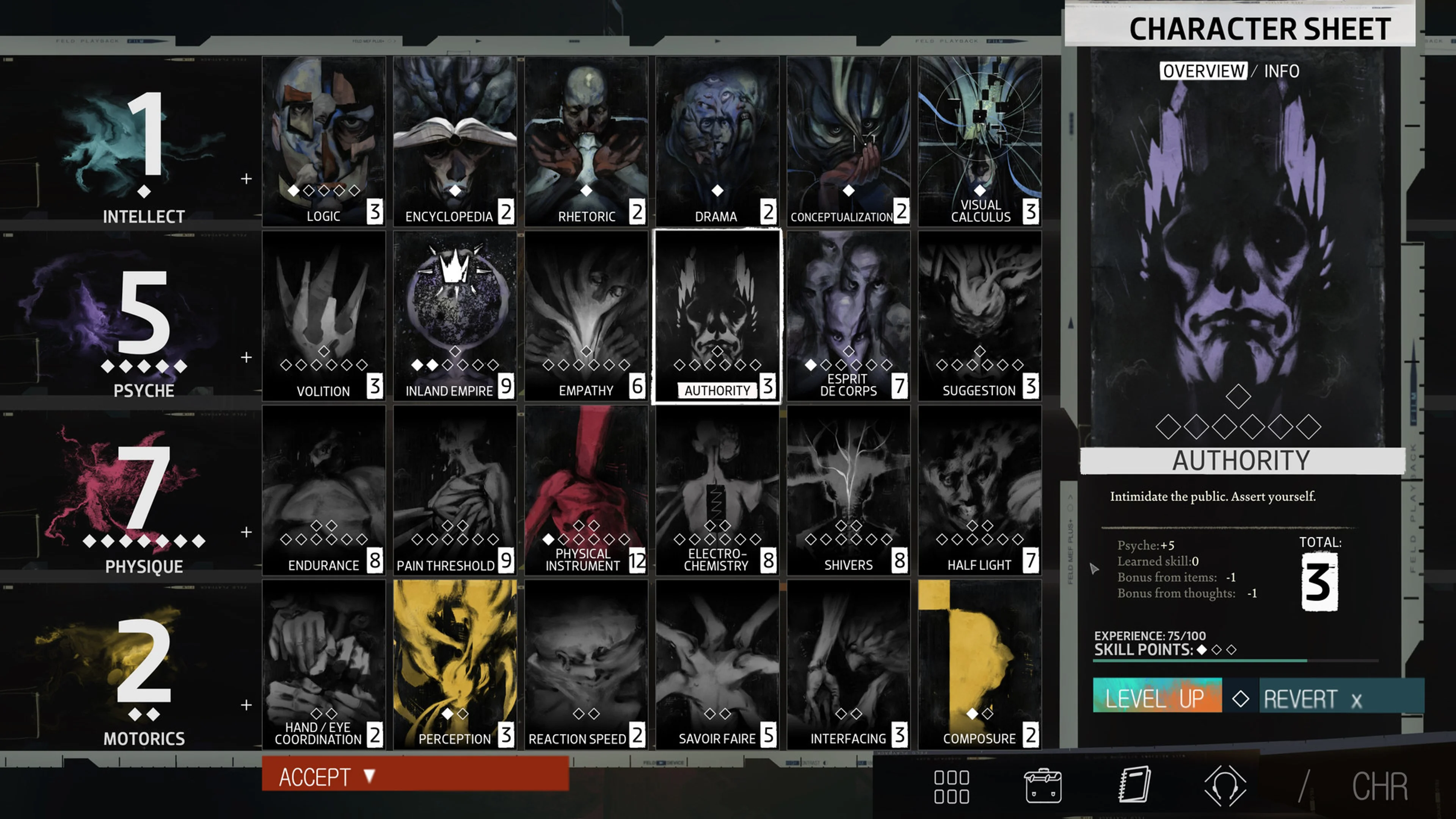 Official Character Sheet: Intellect, Psyche, Physique and Motorics are listed down the left, six skill portraits follow each row, and Authority is selected on the right.