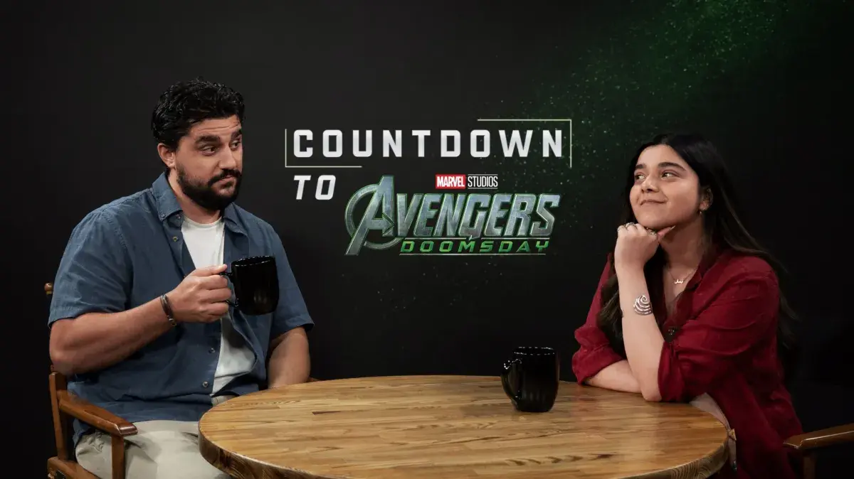 Iman Vellani and Frank Alvarez host the Countdown to Avengers: Doomsday podcast at a table.