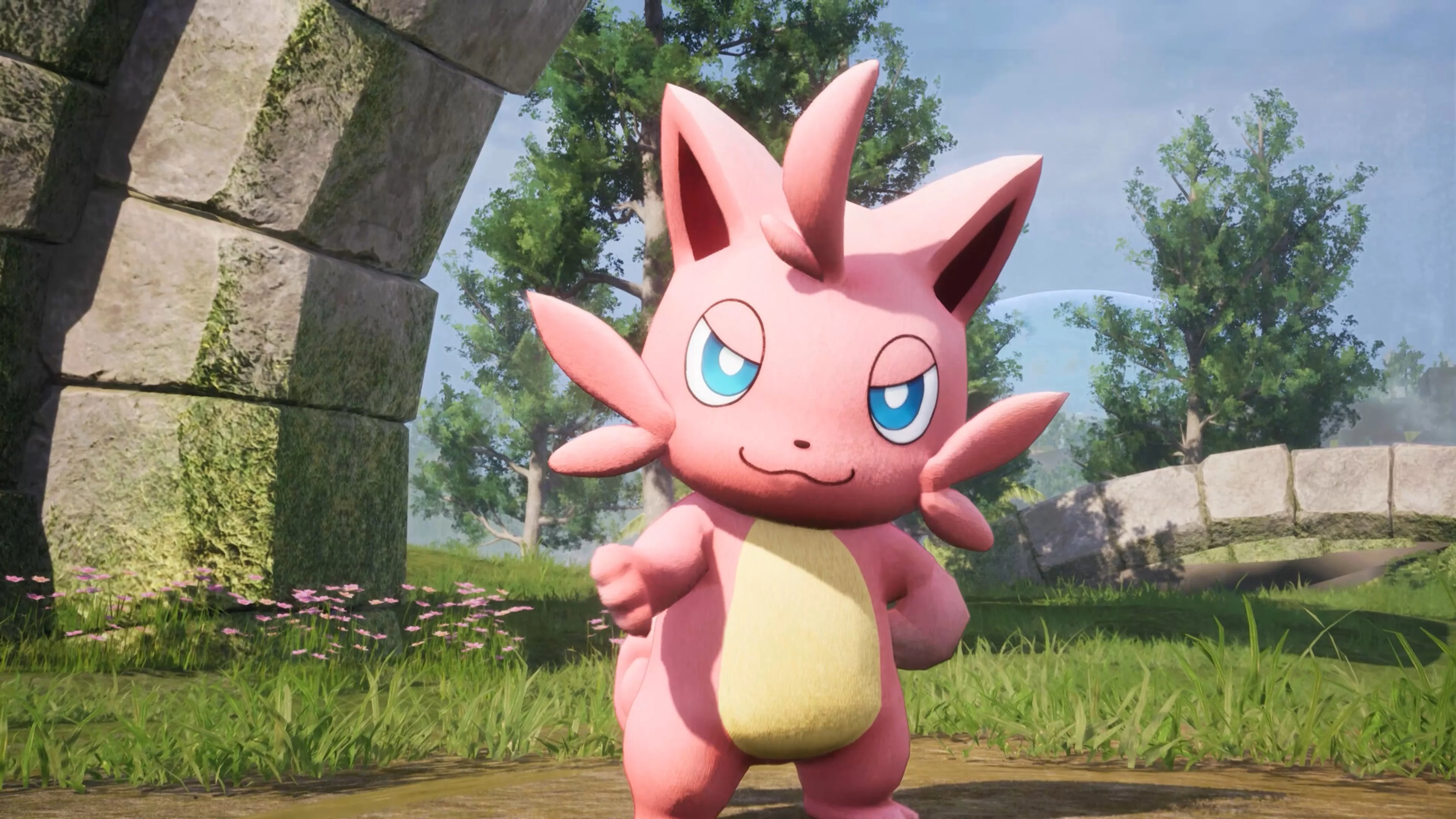 A pink Cattiva standing in front of stone ruins in Palworld.