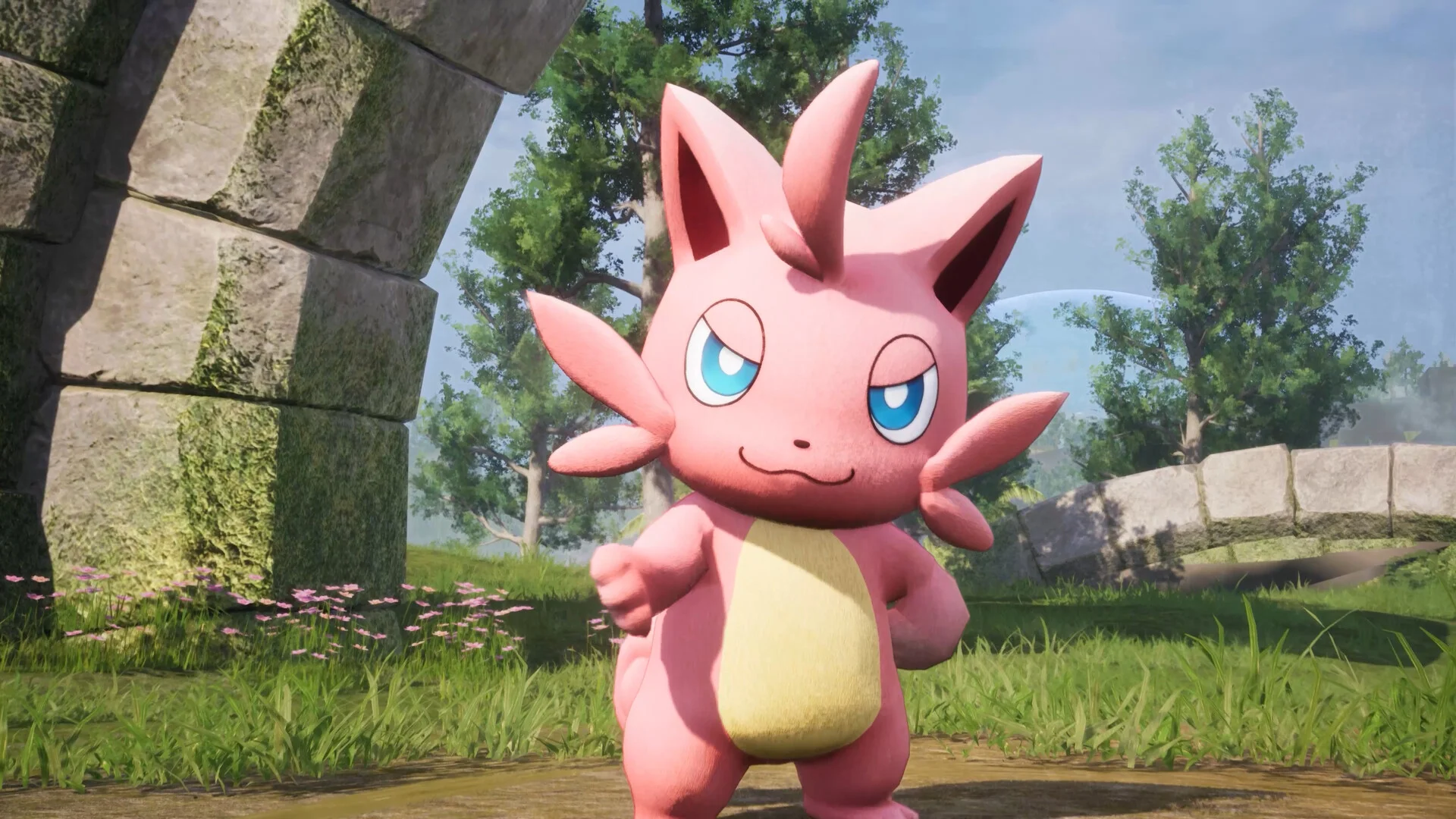 A pink Cattiva standing in front of stone ruins in Palworld.