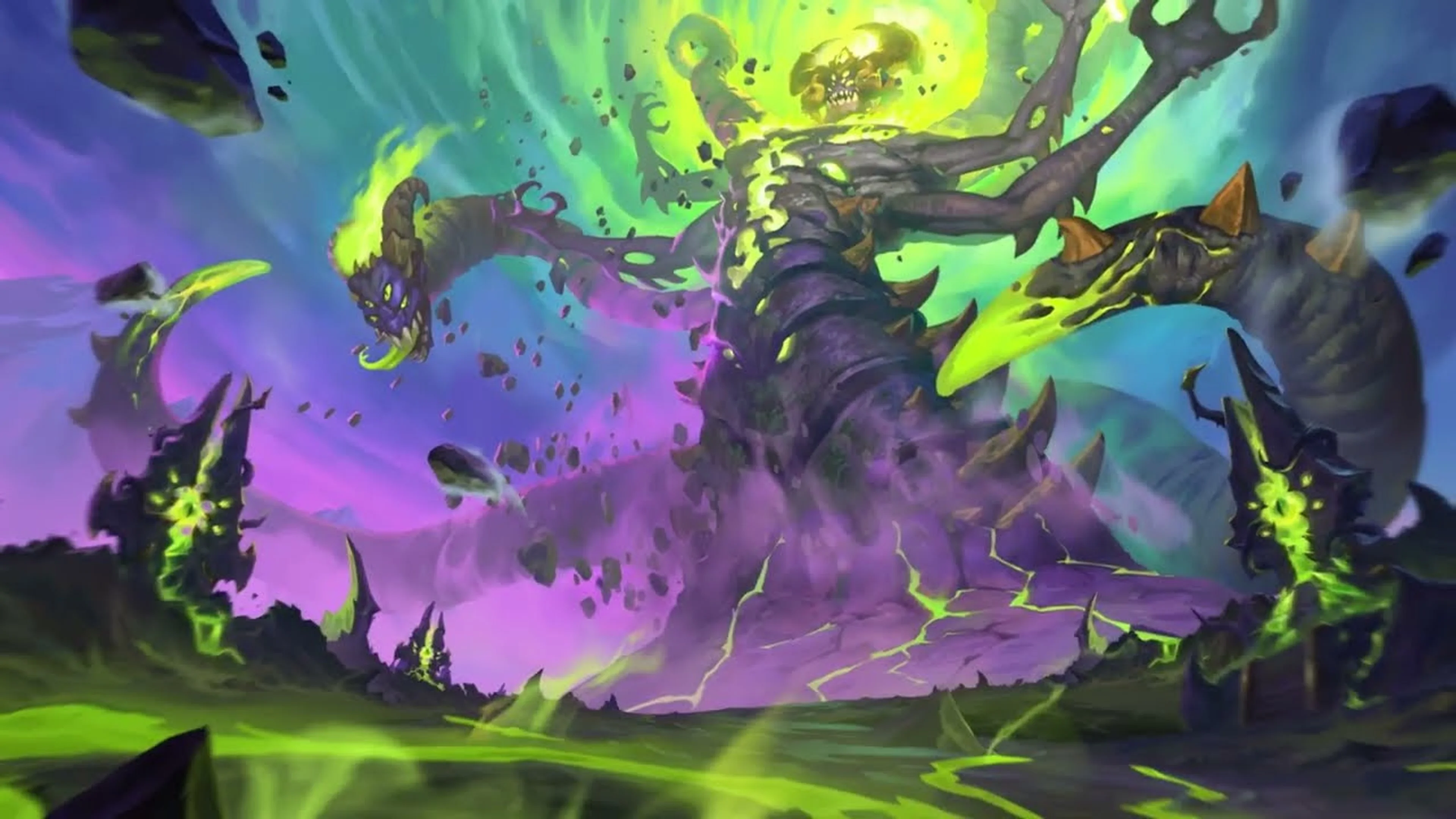 An Old God towers over a green and purple landscape in Hearthstone artwork.