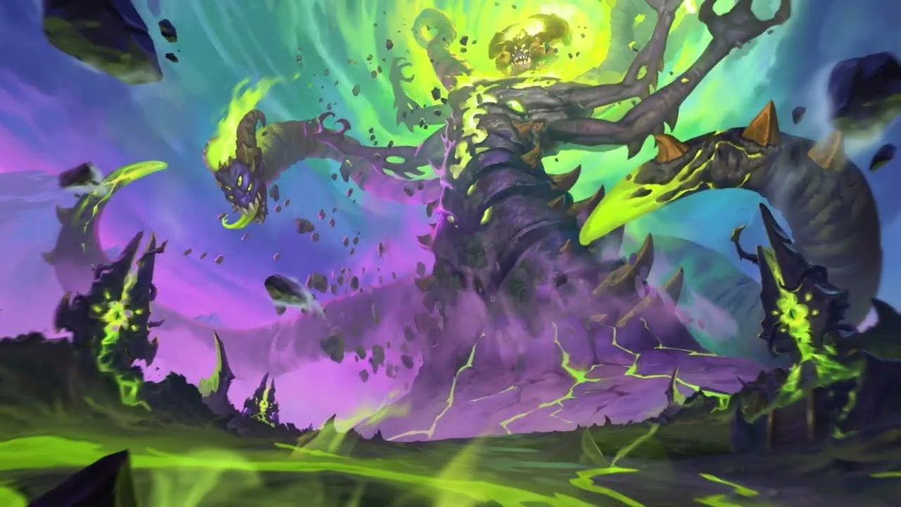 An Old God towers over a green and purple landscape in Hearthstone artwork.