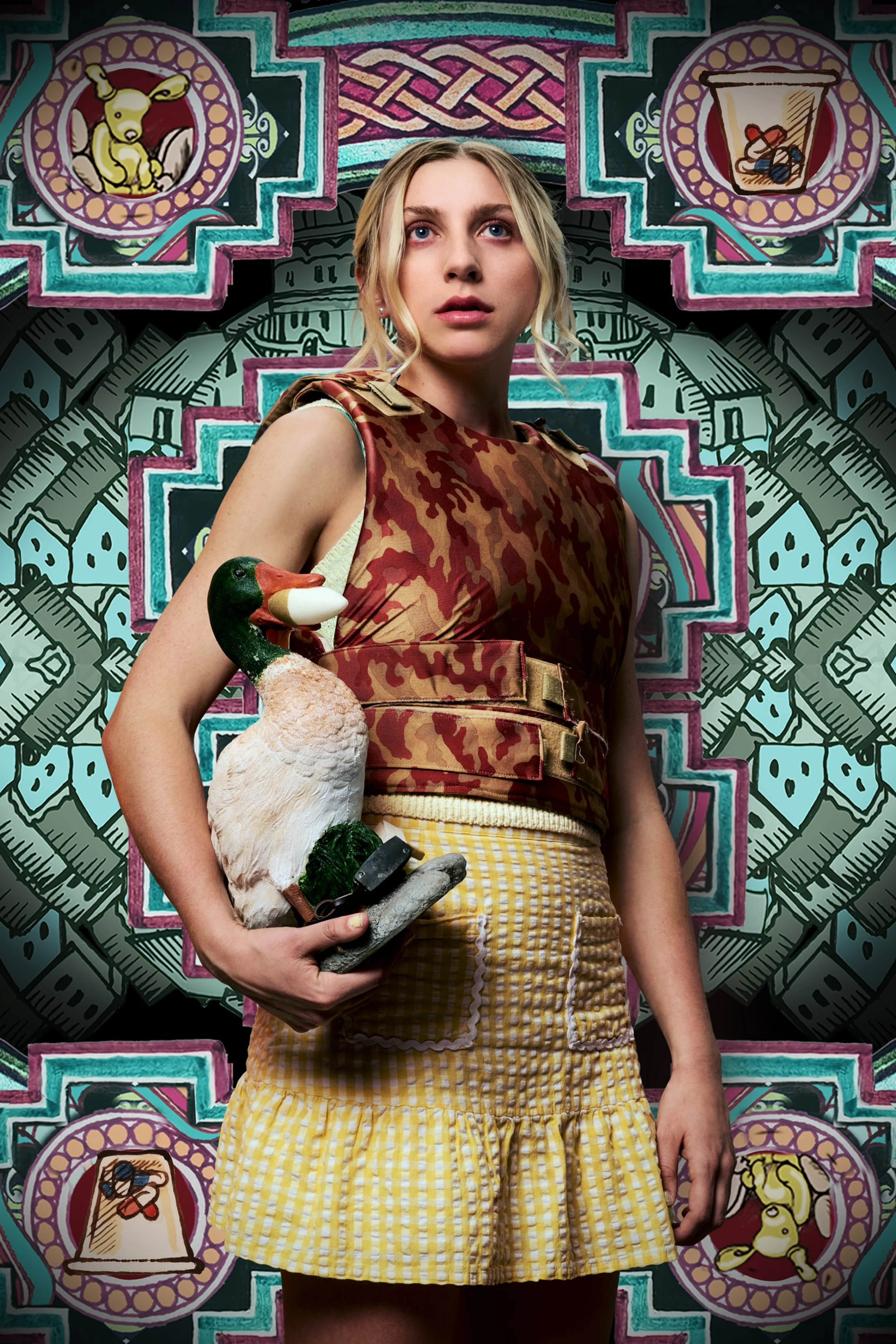 Official Tall Tales & Murder character portrait of Ella-Lily Hyland as Bridget on a deep red background.