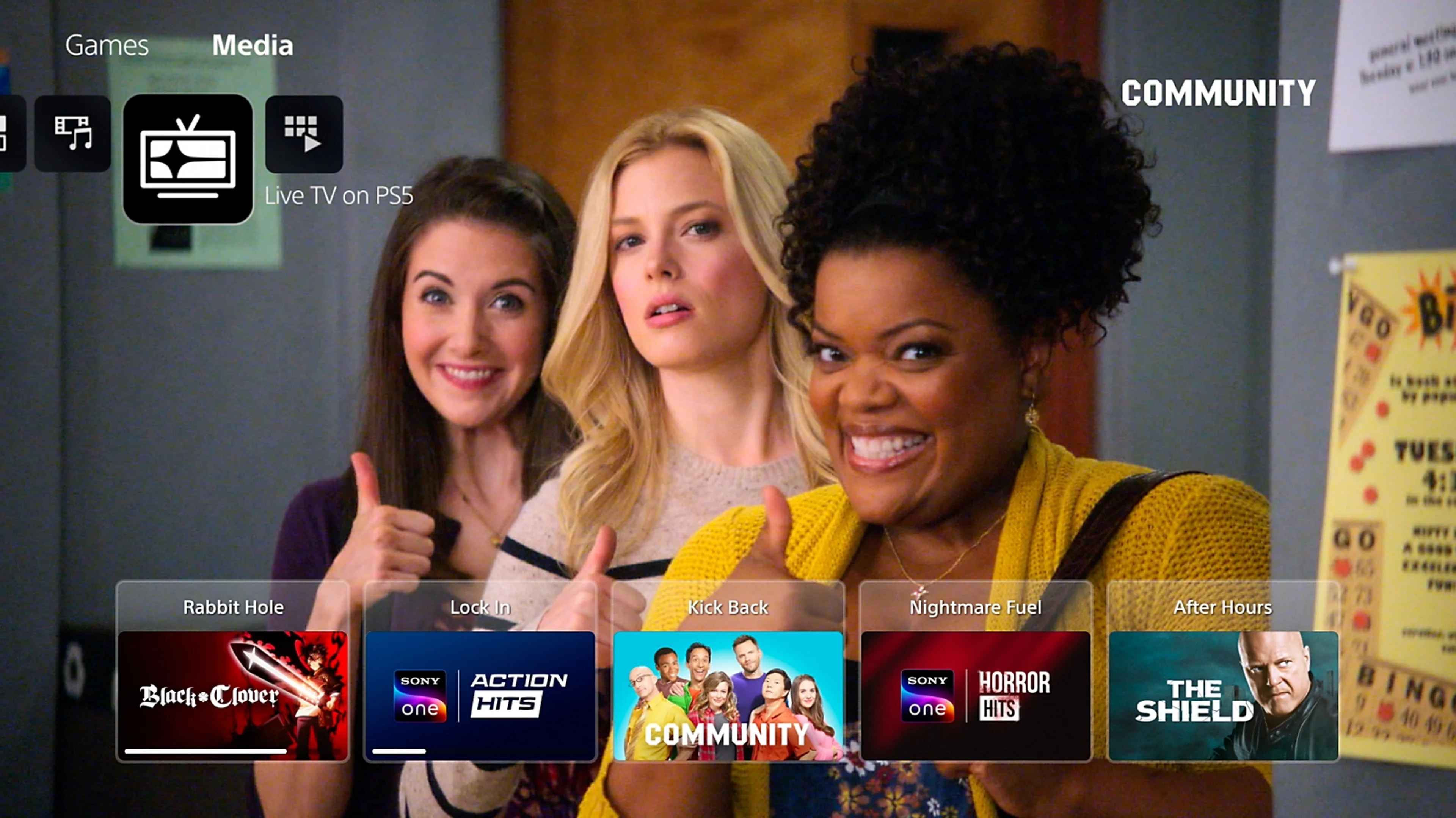 The PS5 Media tab displays the Live TV icon above a Community channel guide with rows of live programming.