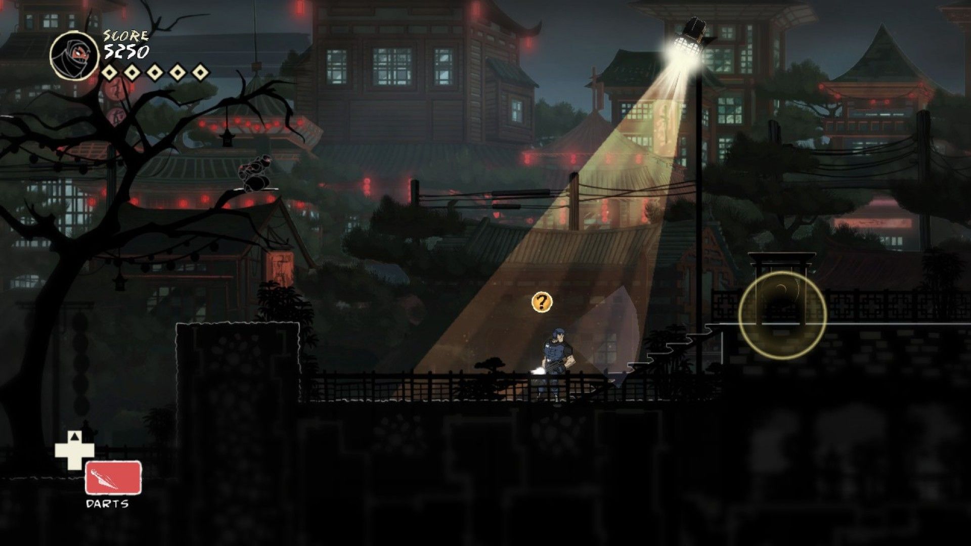 A ninja crouches above a guard with a yellow question-mark reaction icon.