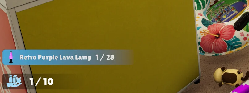 Close crop of the official screenshot lower-left HUD showing the held item label Retro Purple Lava Lamp 1/28 and carry count 1/10.
