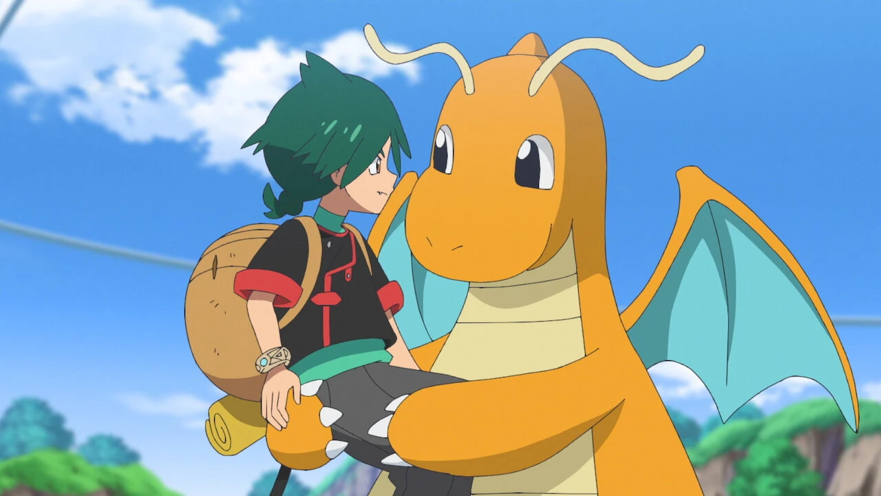 A Pokémon Trainer and Dragonite face forward in an animated Pokémon Horizons scene.