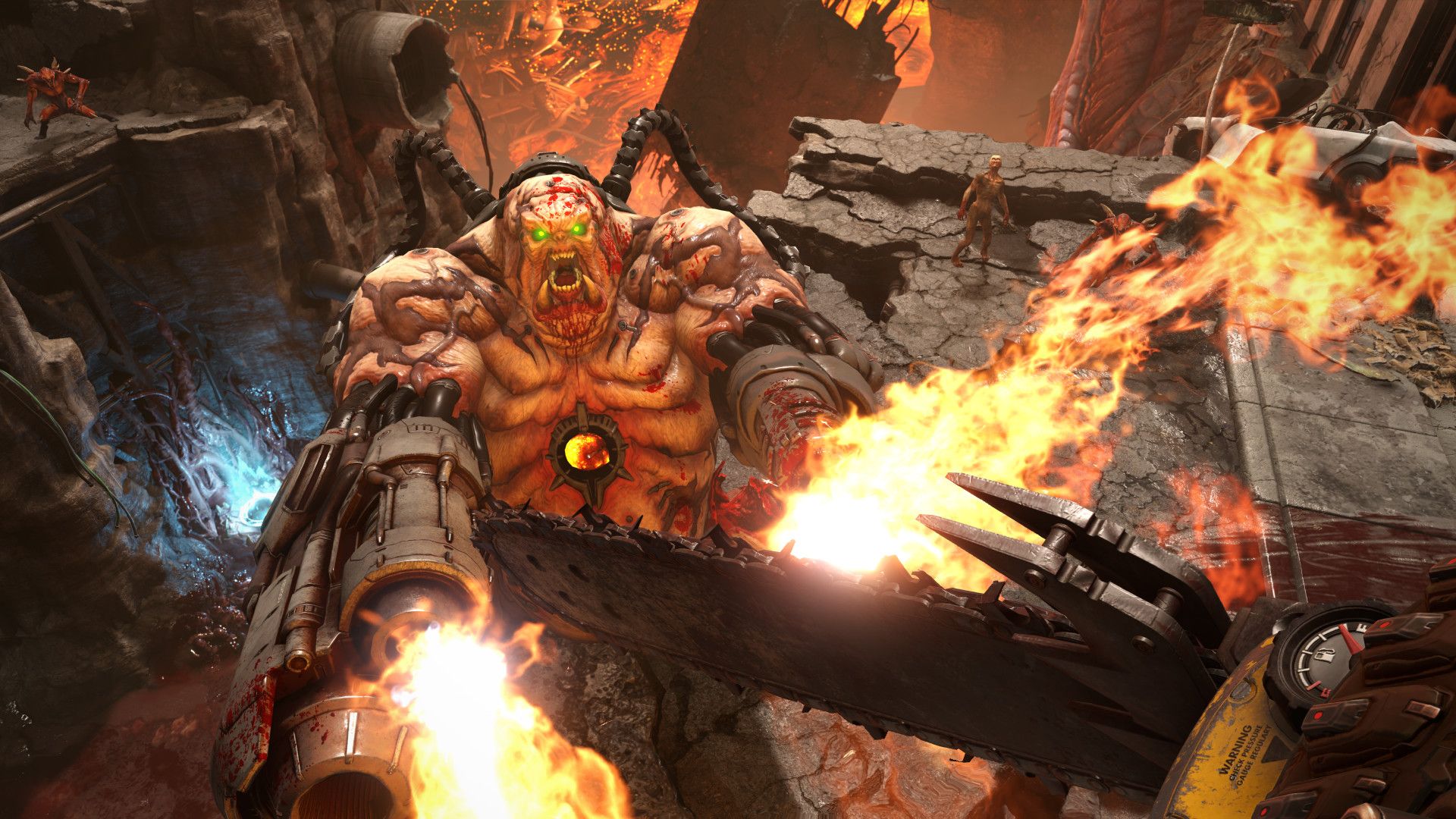 The Slayer faces a large demon while fire sweeps across the arena.