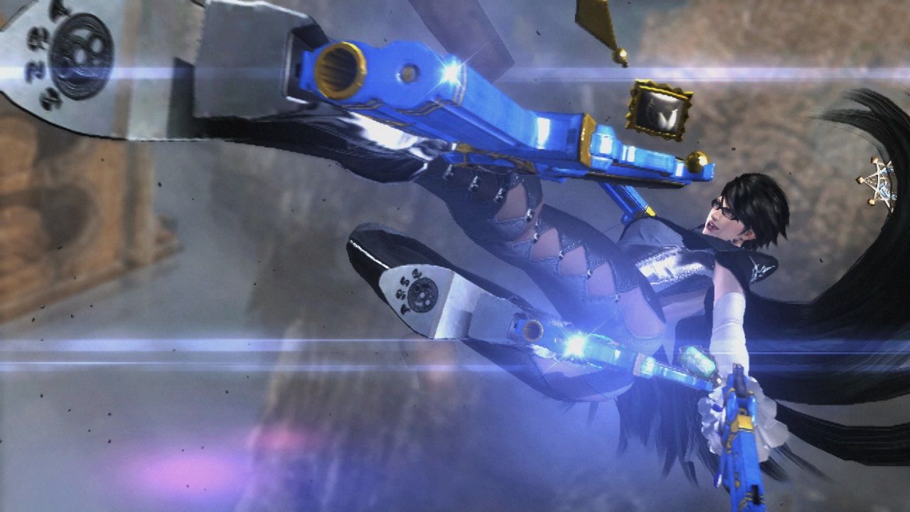 Bayonetta aims a large blue firearm during an action scene.
