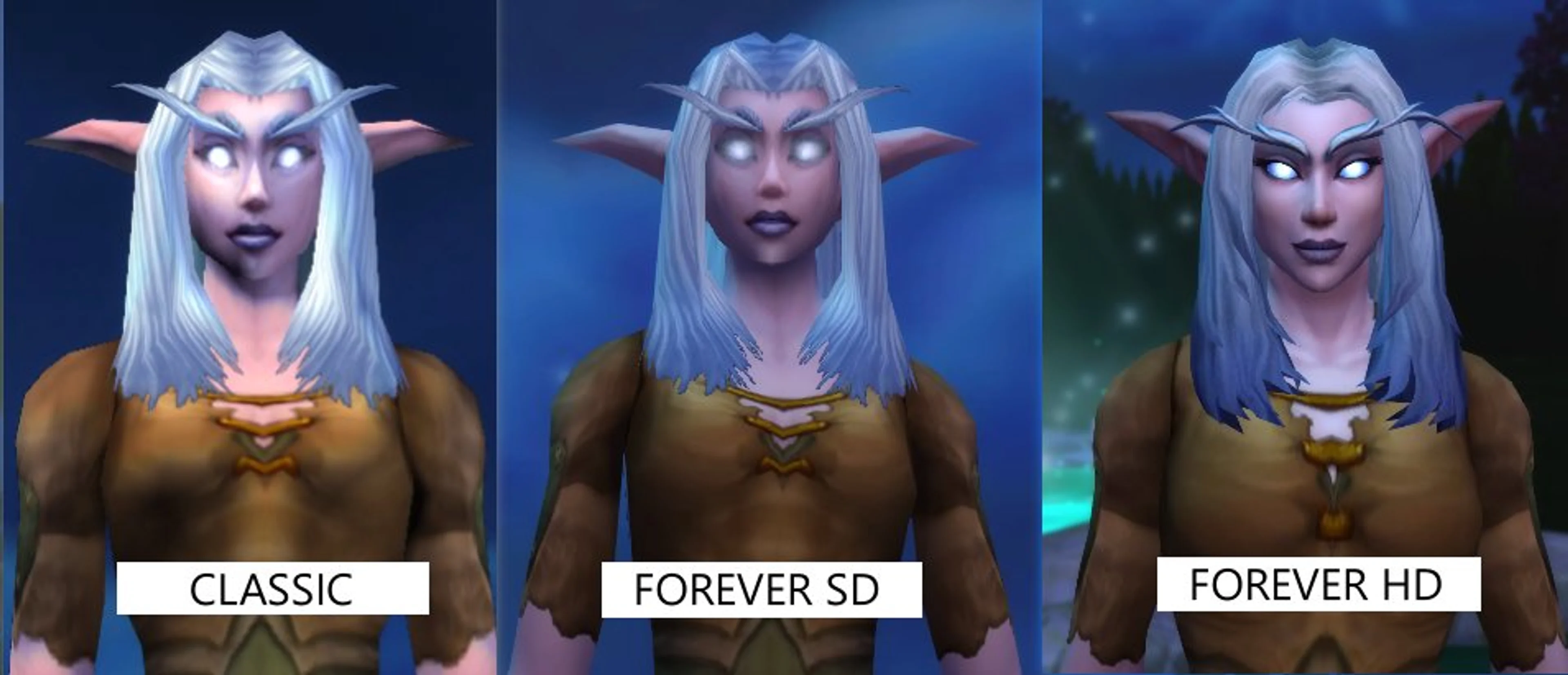 A female night elf compared in World of Warcraft Classic, Forever SD and Forever HD.