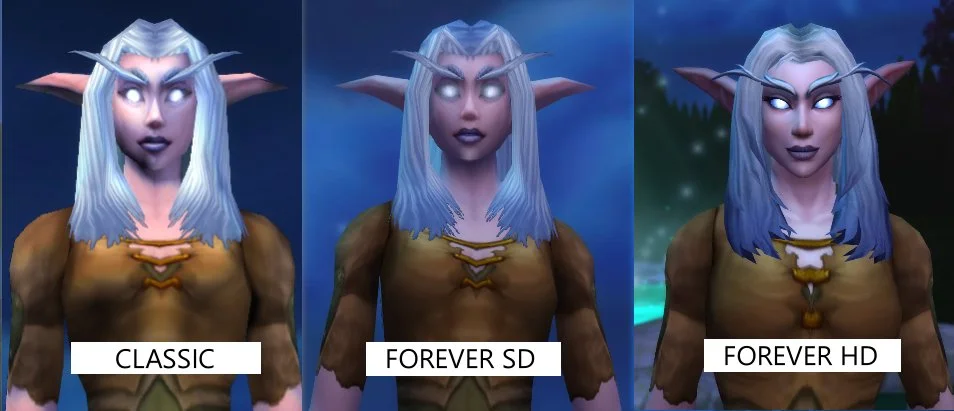 A female night elf compared in World of Warcraft Classic, Forever SD and Forever HD.
