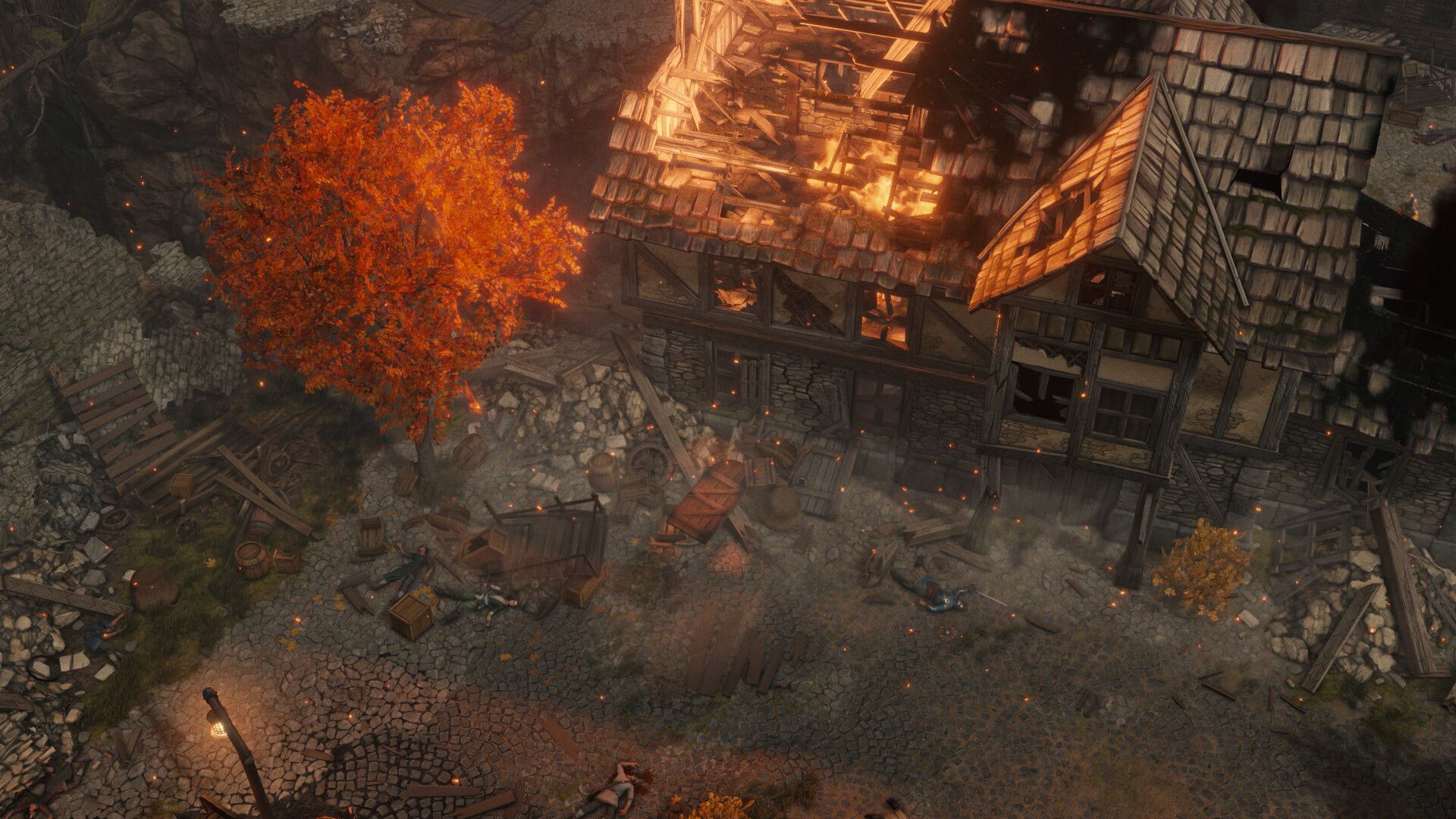 An overhead view shows ruined buildings and paths through a damaged town.