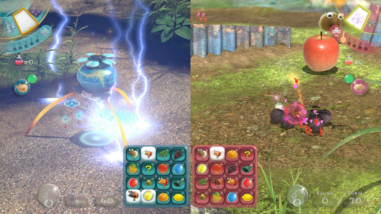Pikmin carry an object in a colorful garden while the on-screen type icons remain visible.
