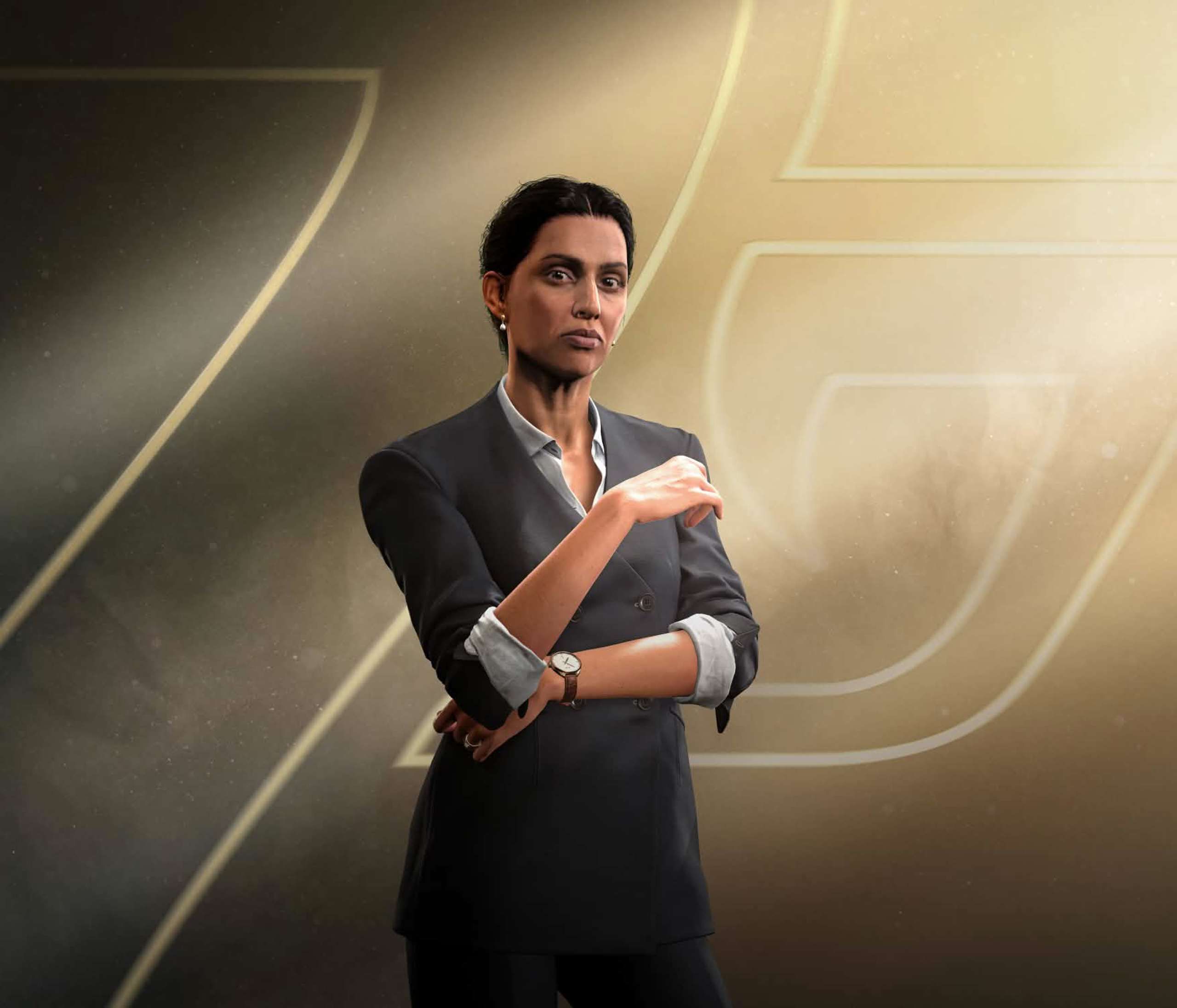 Game-character portrait of M wearing a gray suit.