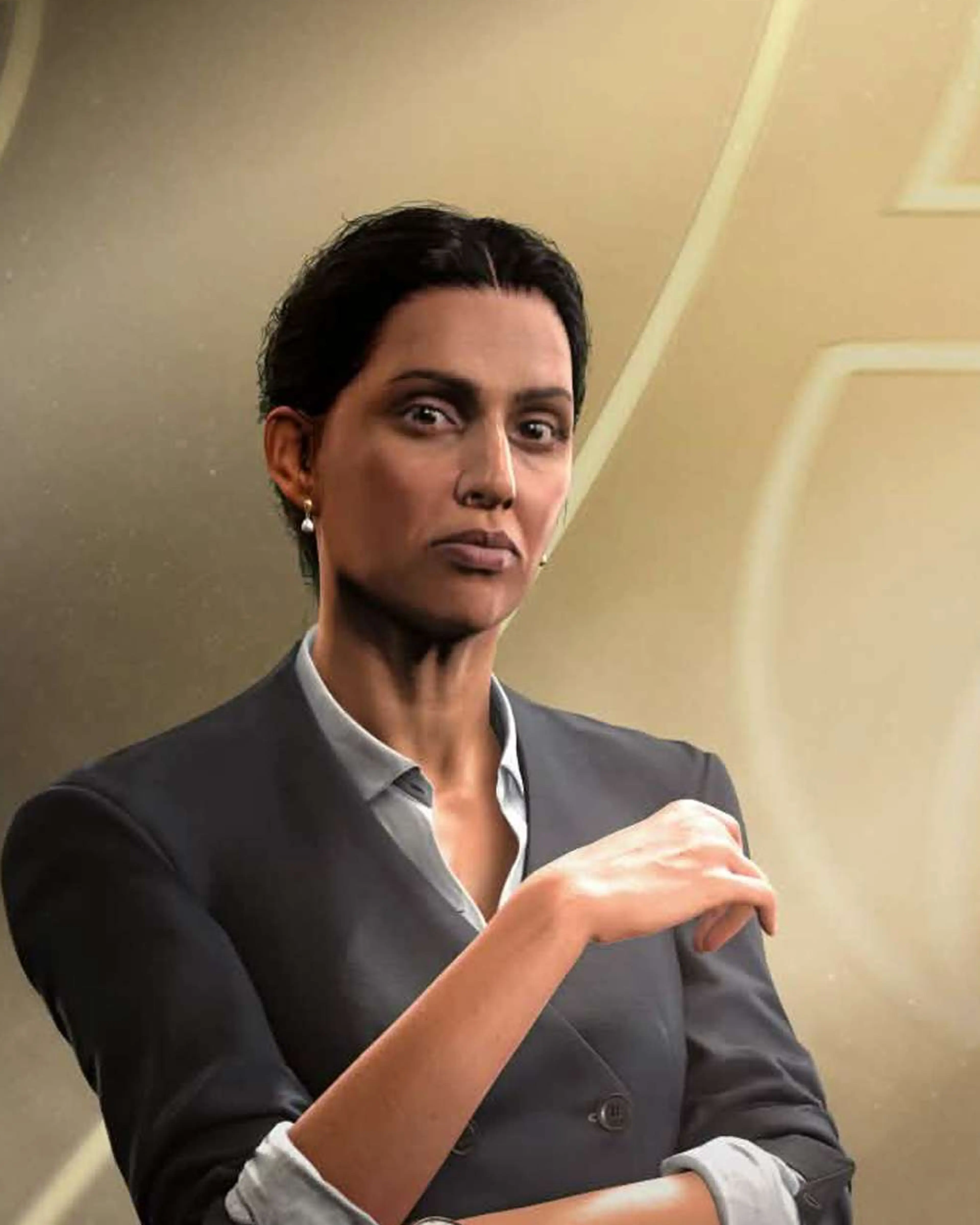 Game-character portrait of M wearing a gray suit.