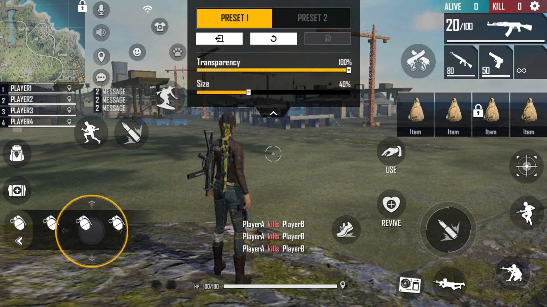 A Free Fire training screen showing throwable controls and HUD placement.