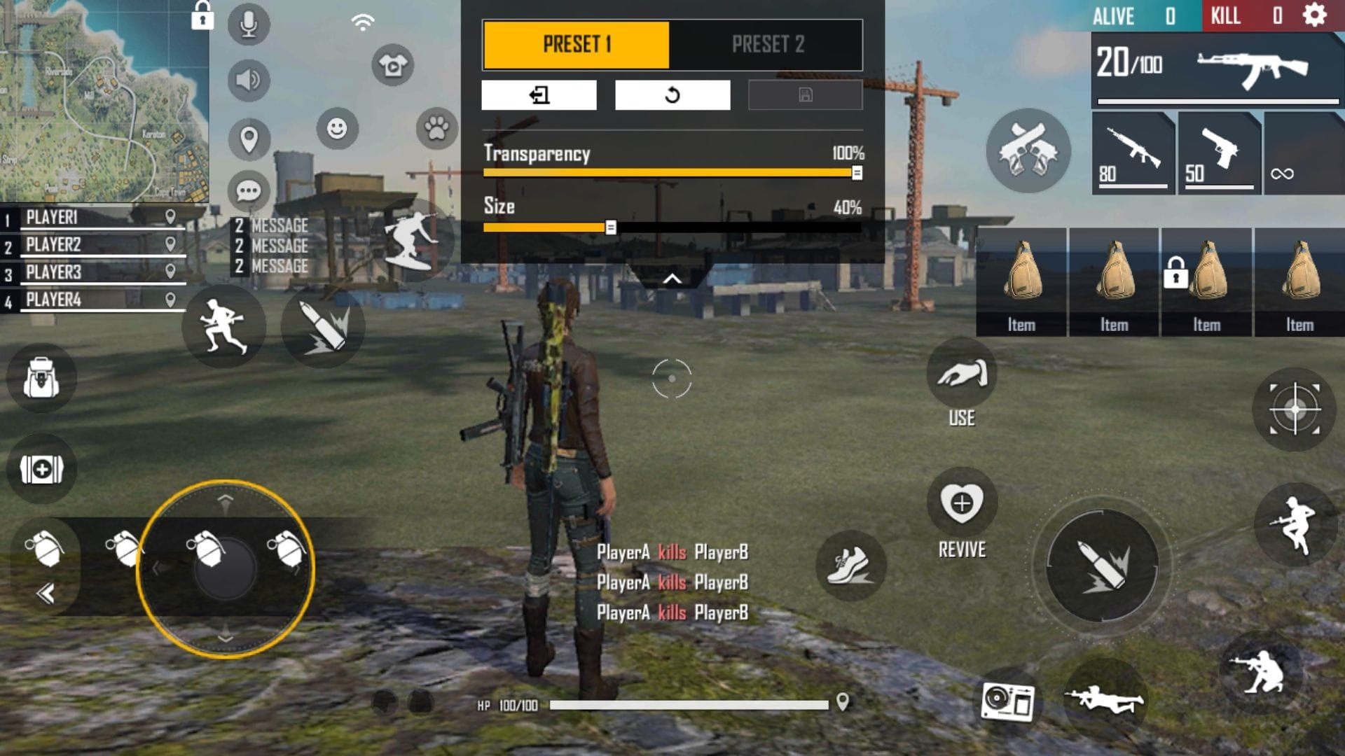 A Free Fire training screen showing throwable controls and HUD placement.