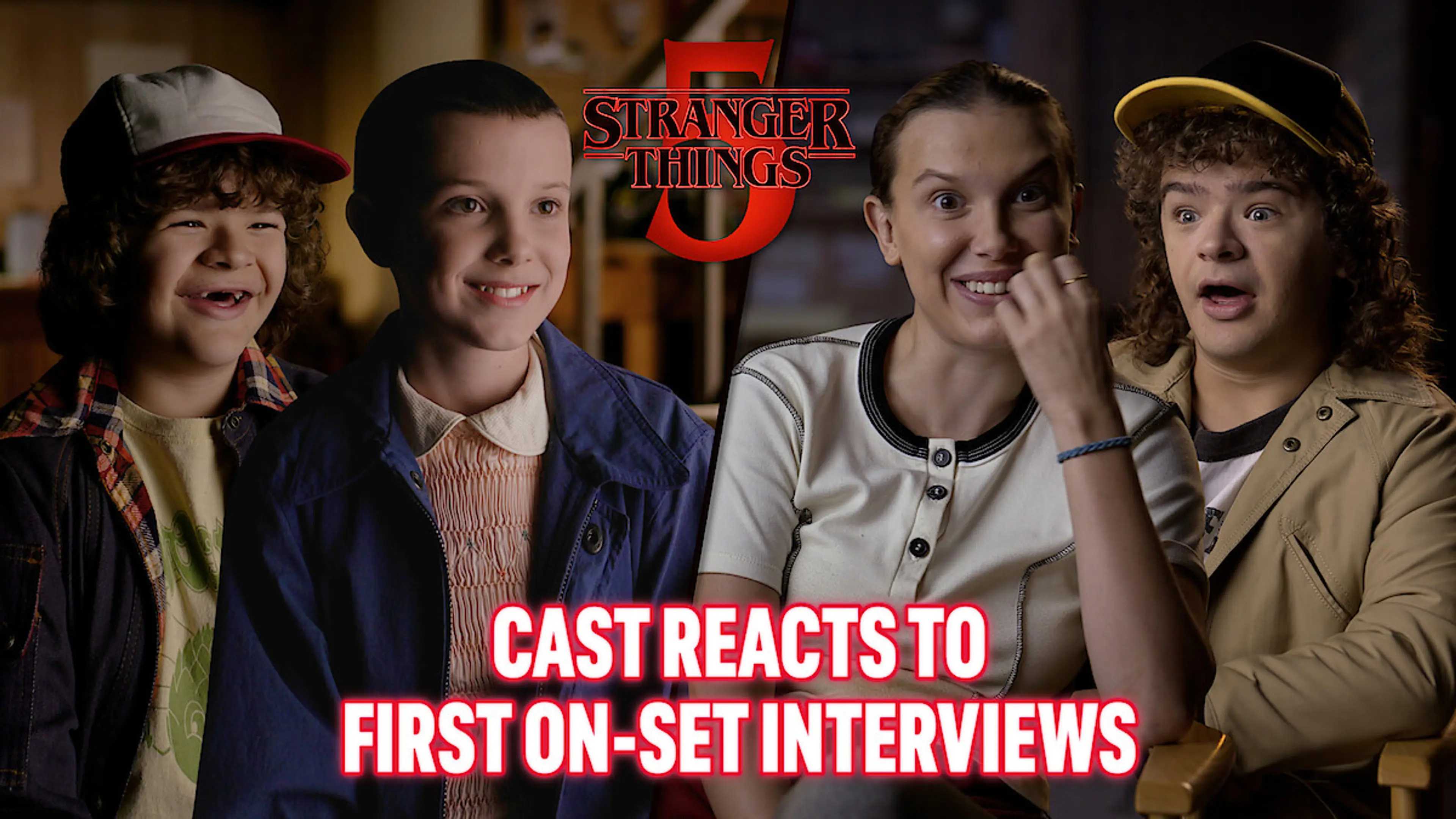 Young and present-day Millie Bobby Brown and Gaten Matarazzo in a Stranger Things cast reaction video.