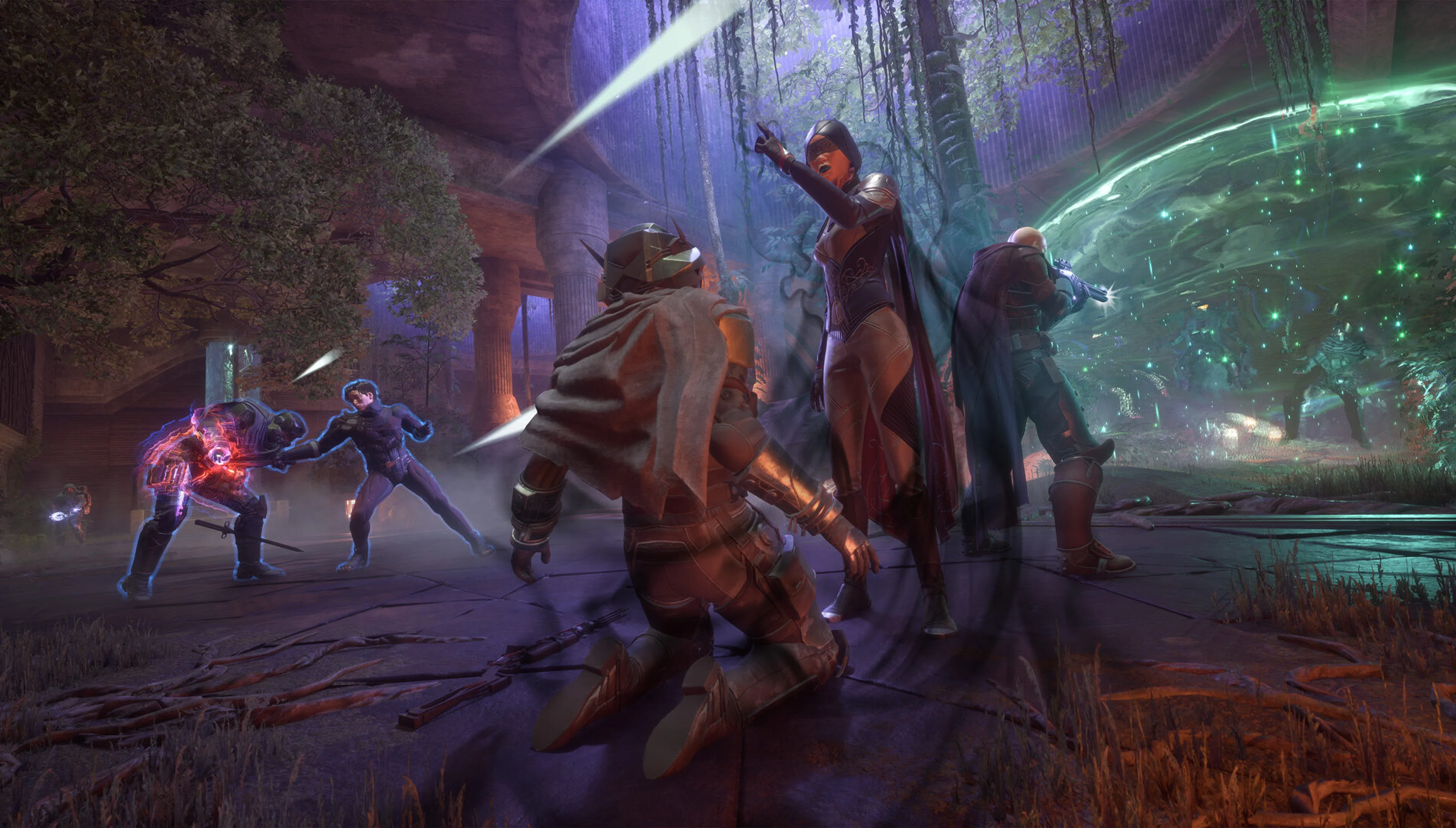 Dune: Awakening characters fight inside a glowing cavern in official gameplay imagery.