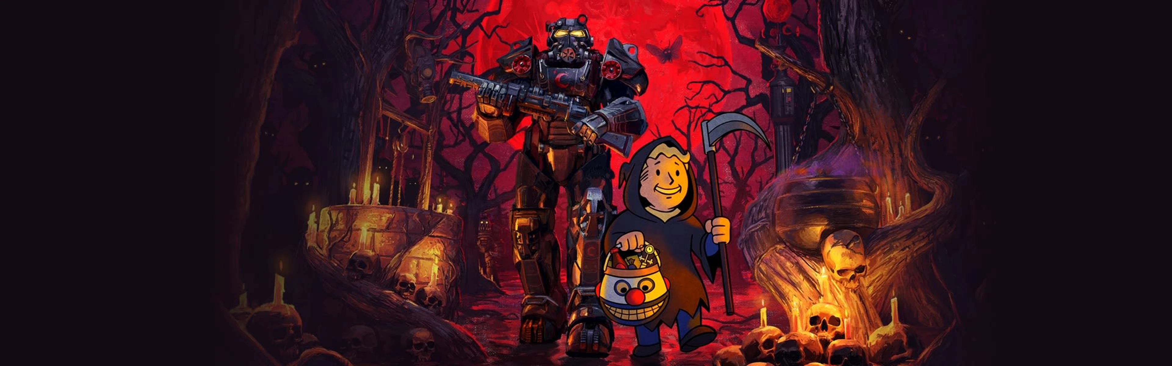 A Fallout 76 power-armored figure stands beside Vault Boy dressed as the Grim Reaper in a candlelit forest.