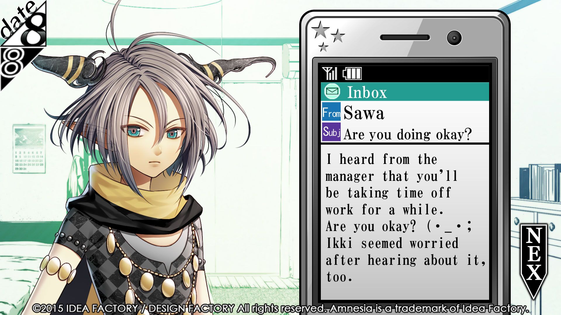 Orion appears beside a phone message inbox in Amnesia: Memories.