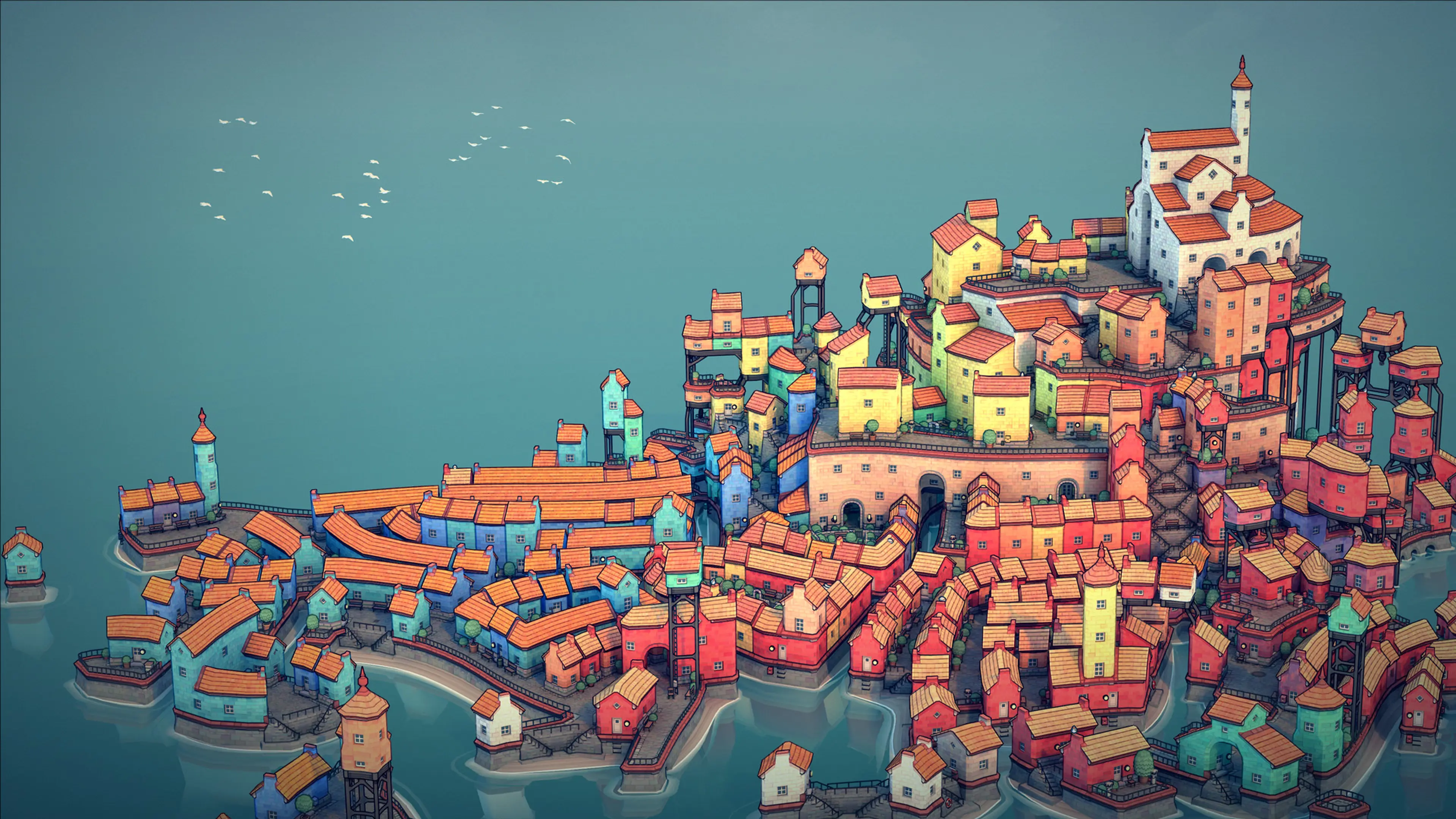 An extensive waterfront town with bridges and varied roof heights in Townscaper.
