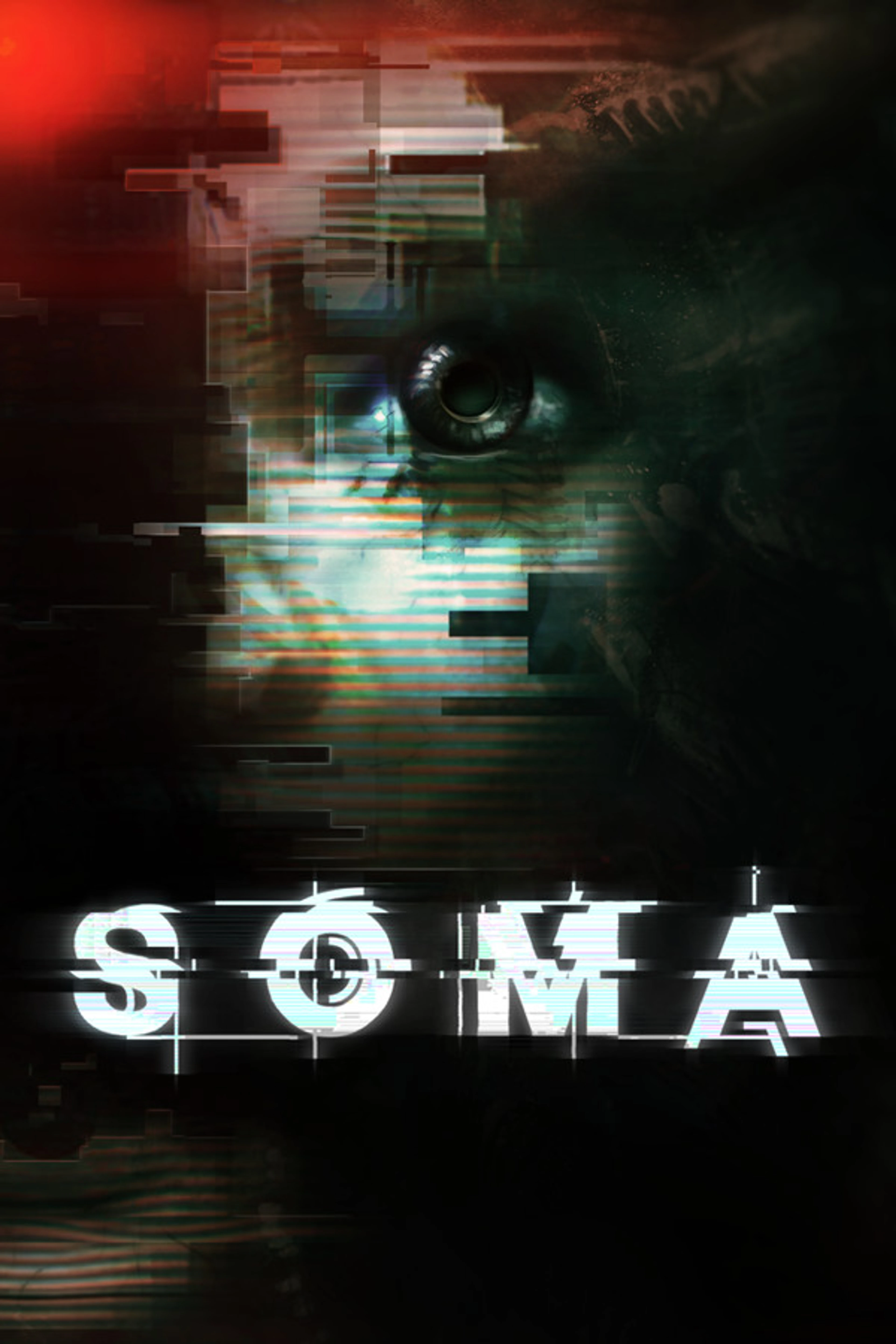 Official SOMA vertical cover with a distorted face, dark underwater colors and the native game logo.