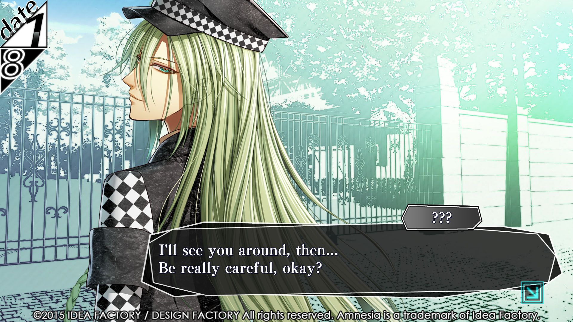 A long-haired character wearing a hat stands beside a gate in Amnesia: Memories.