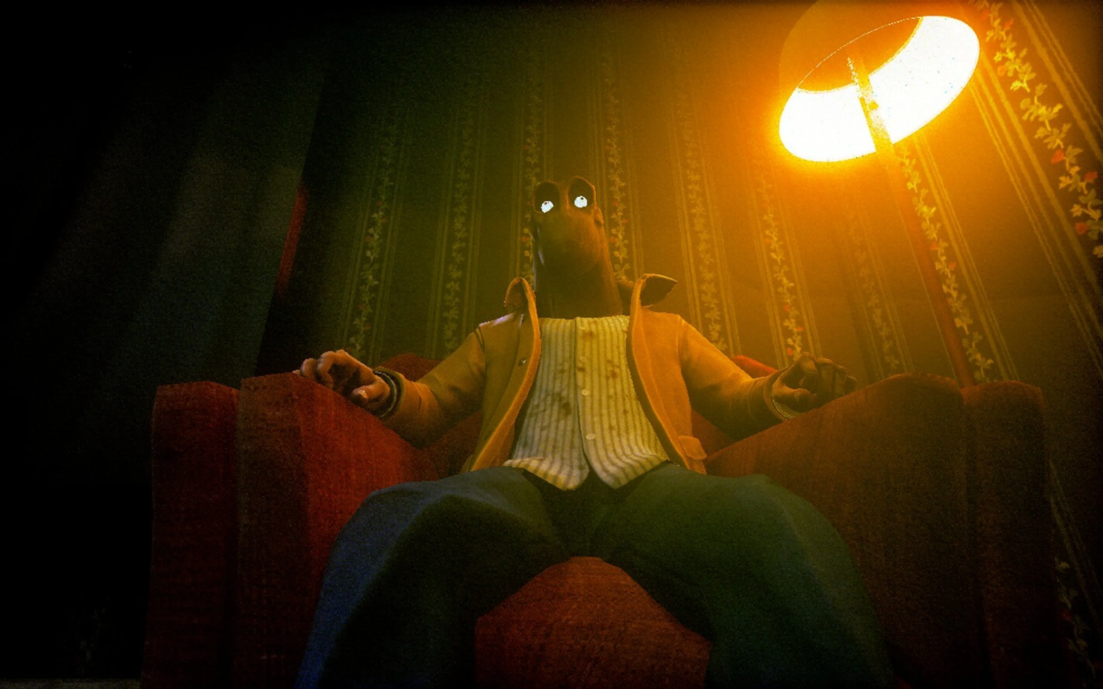 A masked man sits in a hotel-room chair beneath a harsh yellow lamp in CLICKOLDING.